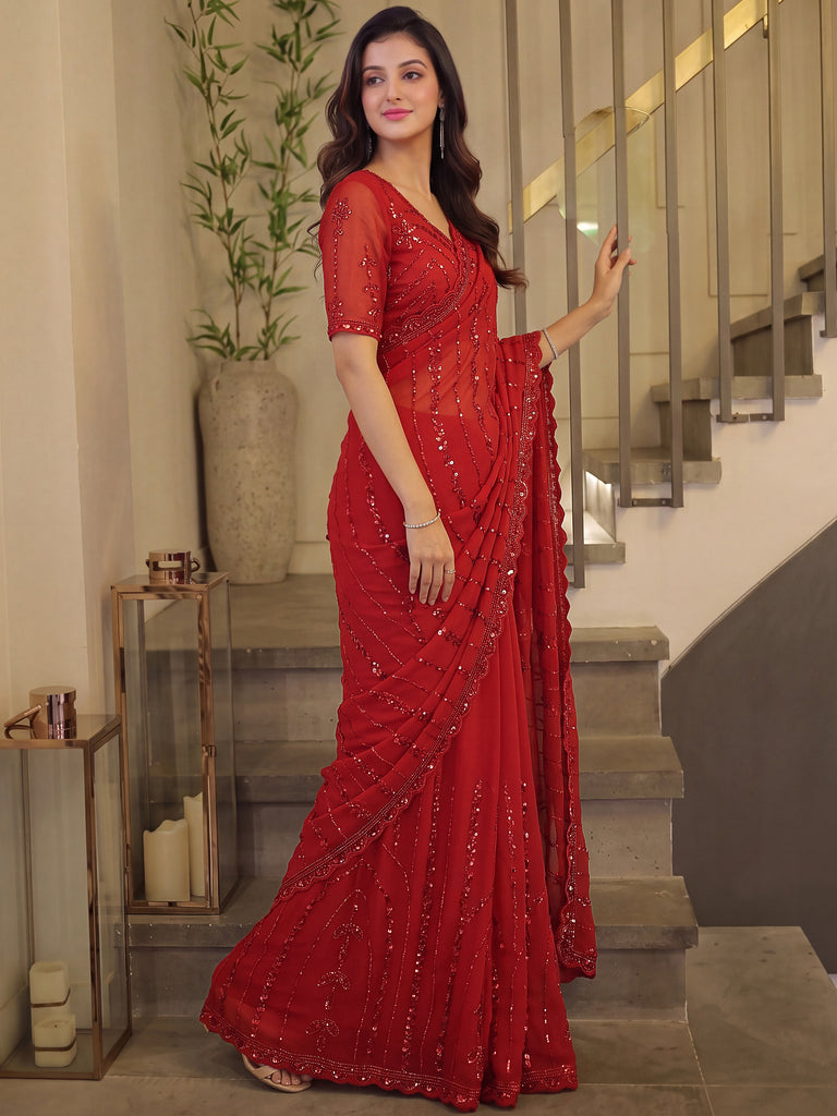 Monochrome Red Bead Work Satin Bridal Wear Saree With Blouse
