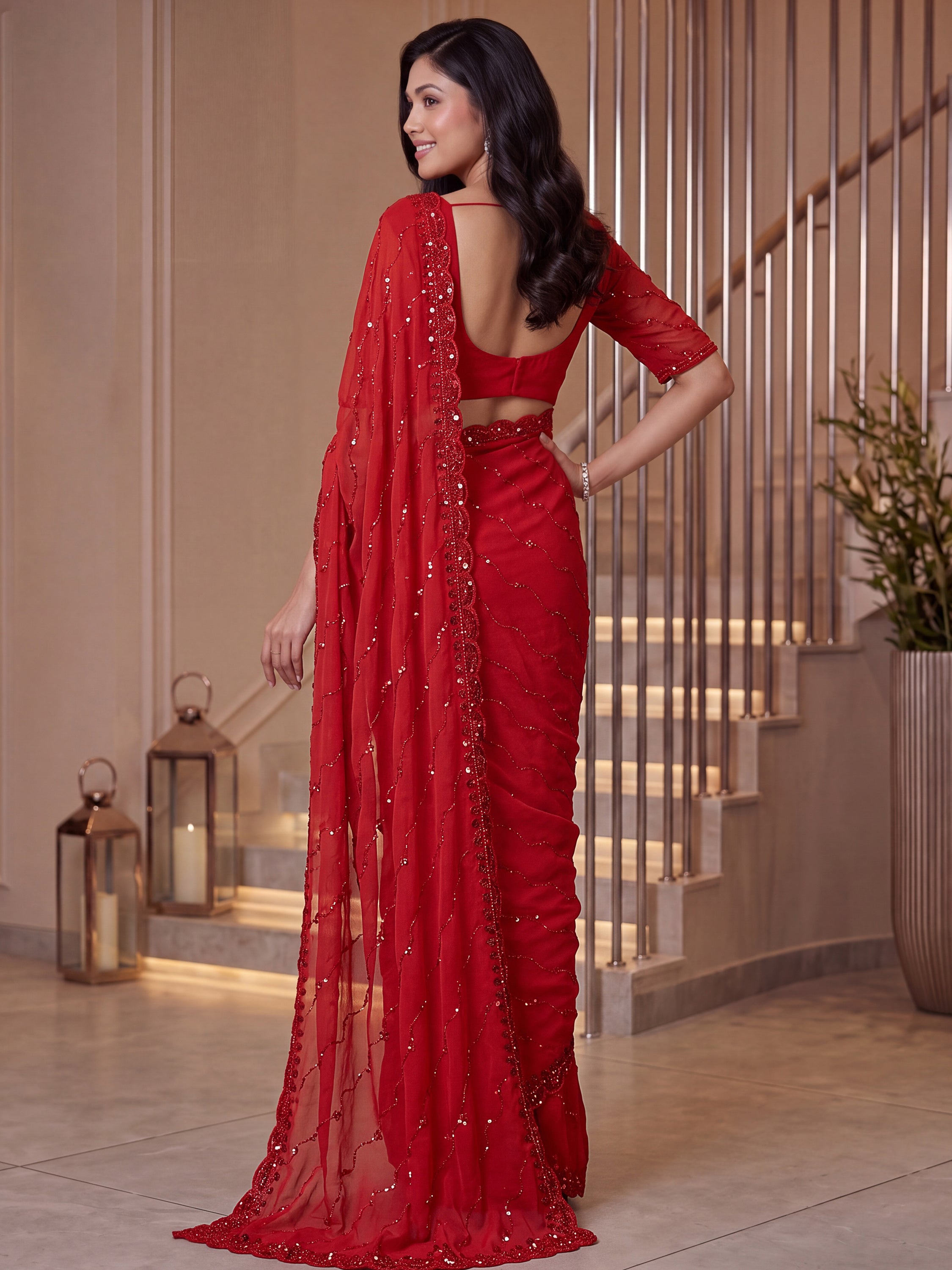 Terrific Red Sequins Satin Bridal Wear Saree With Blouse