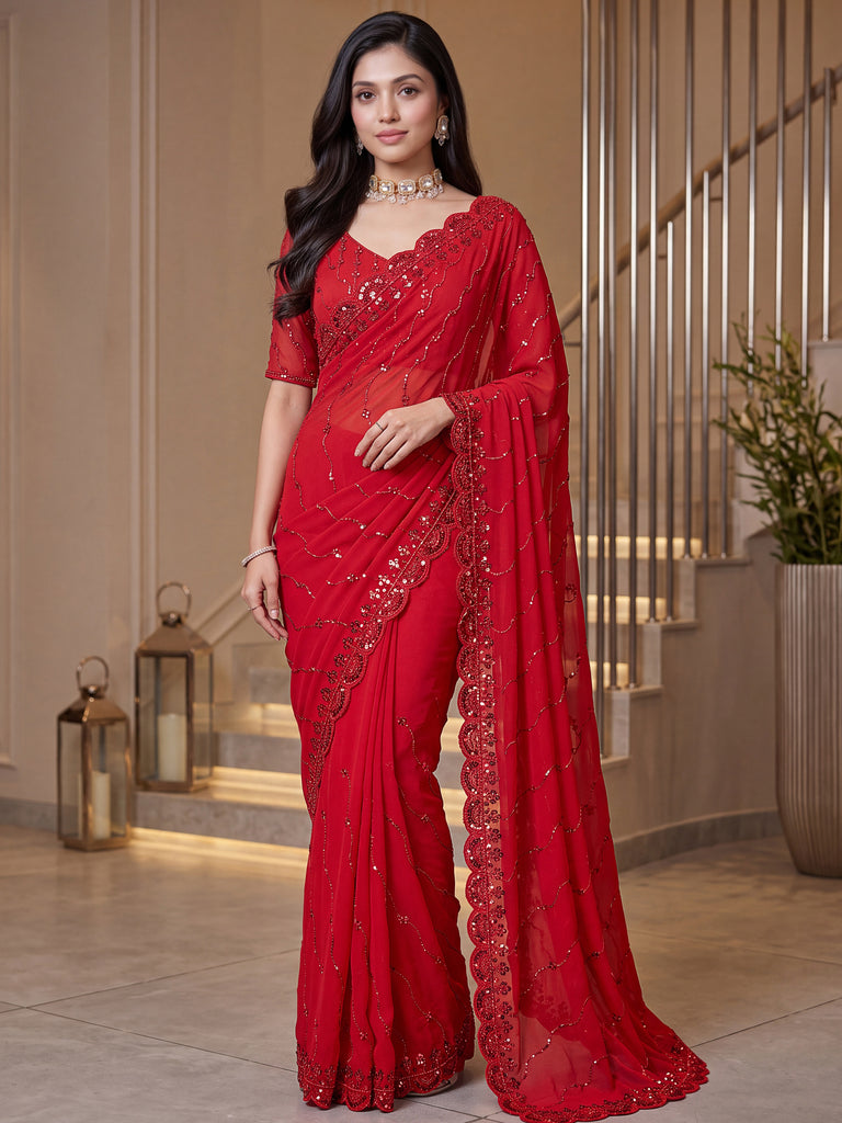 Terrific Red Sequins Satin Bridal Wear Saree With Blouse