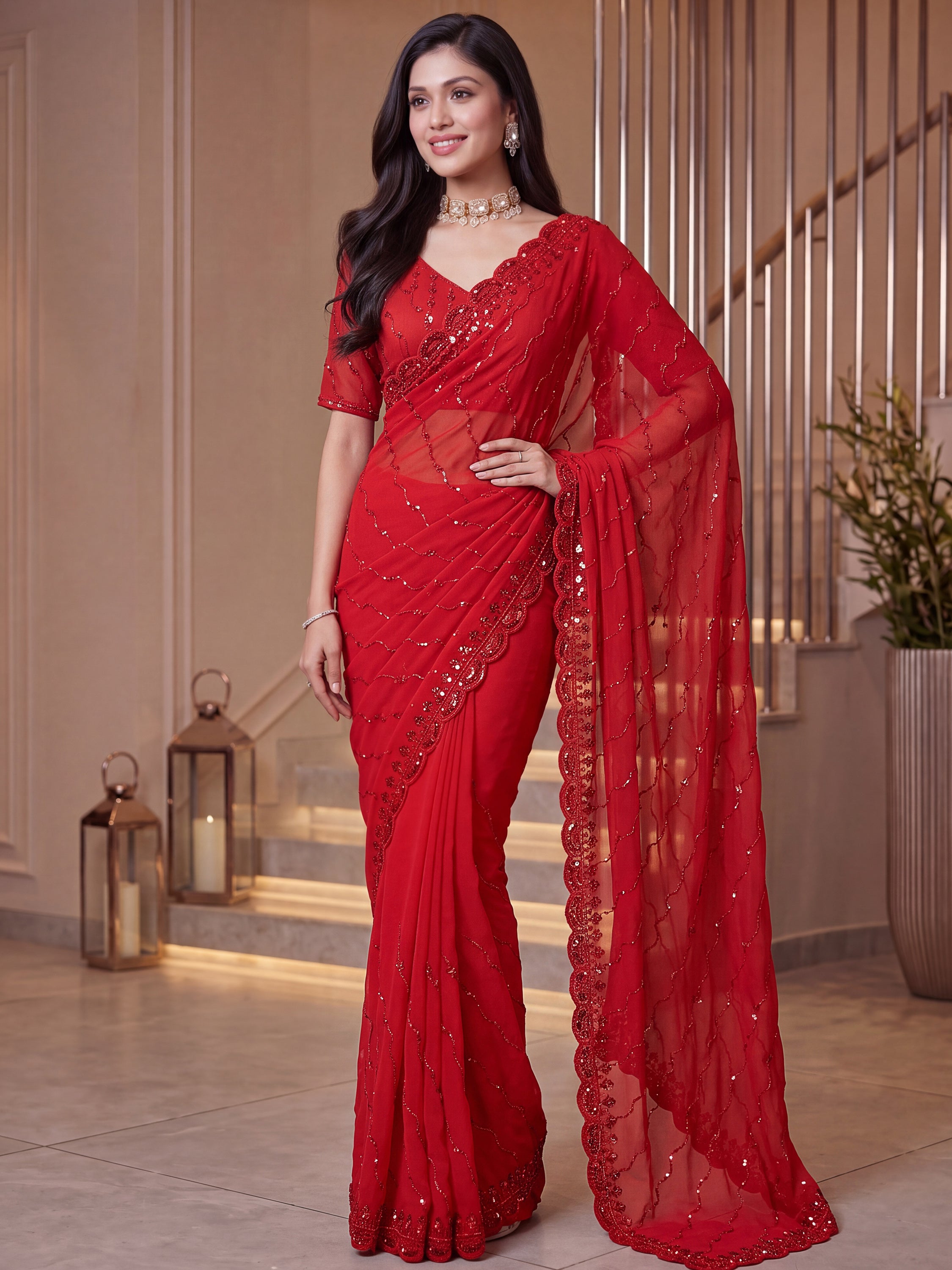 Terrific Red Sequins Satin Bridal Wear Saree With Blouse