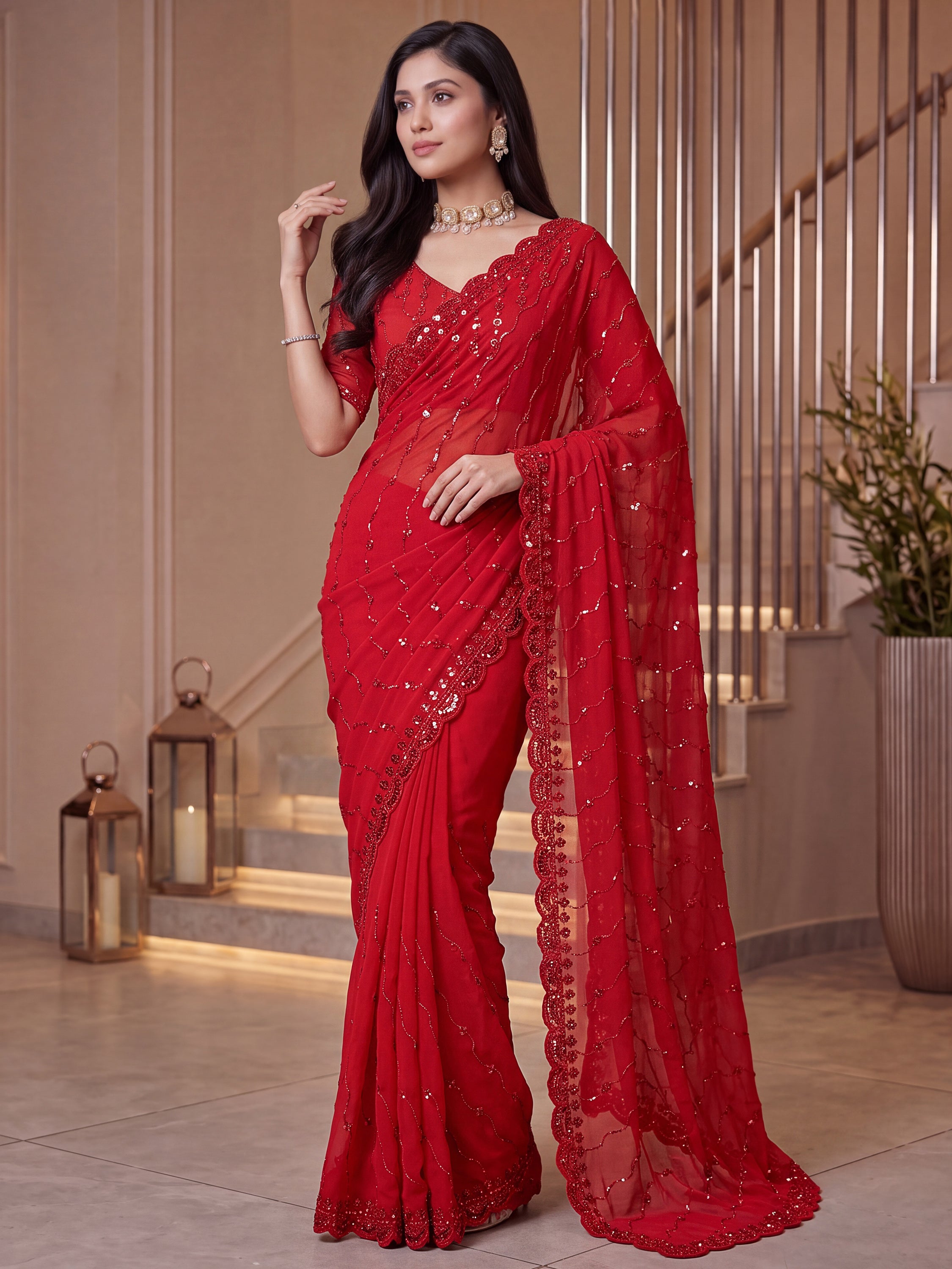Terrific Red Sequins Satin Bridal Wear Saree With Blouse
