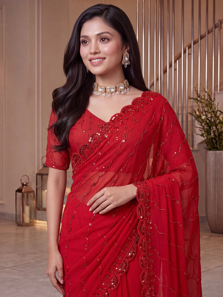 Terrific Red Sequins Satin Bridal Wear Saree With Blouse