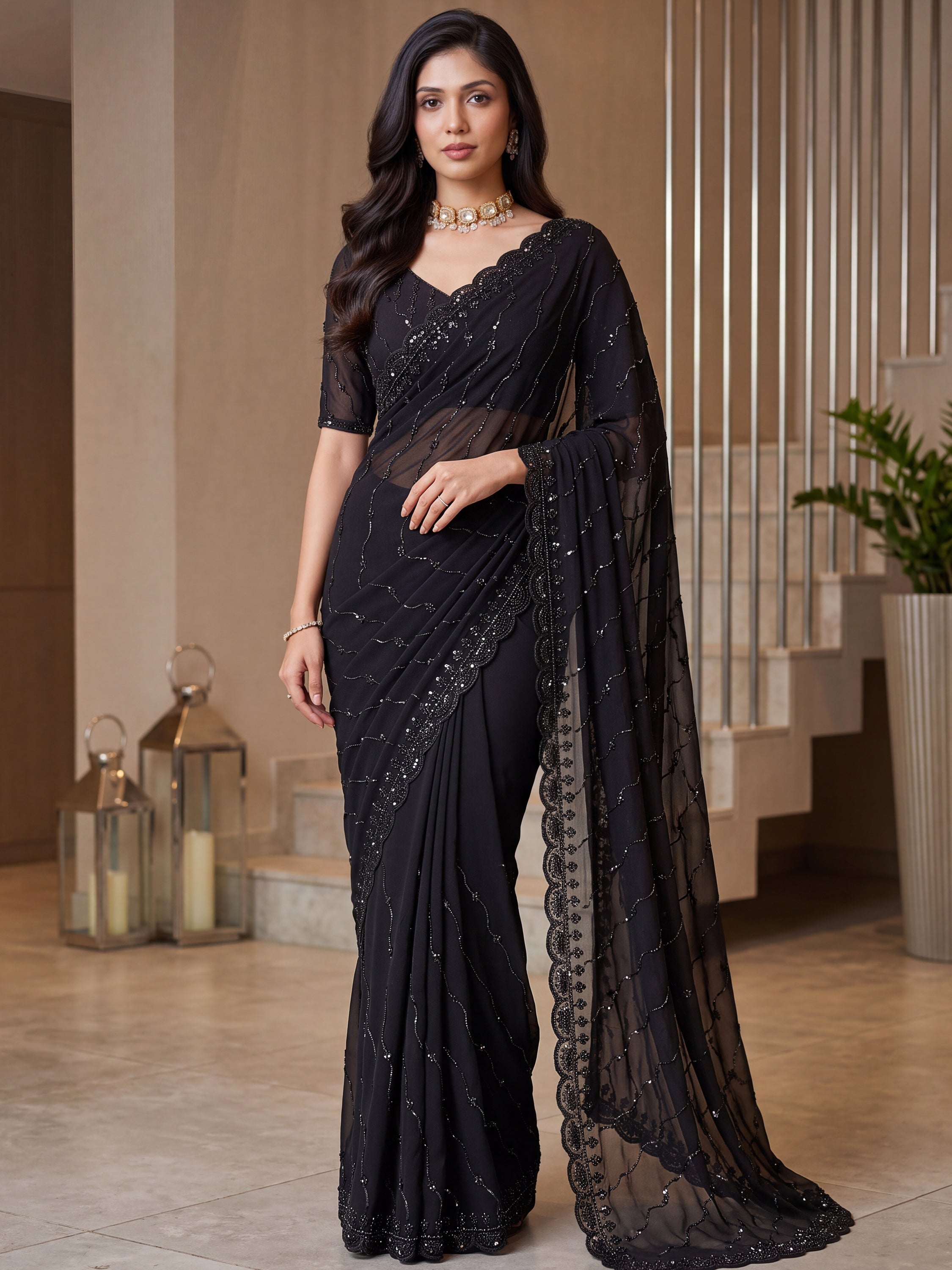 Breathtaking Black Bead Work Satin Reception Wear Saree With Blouse