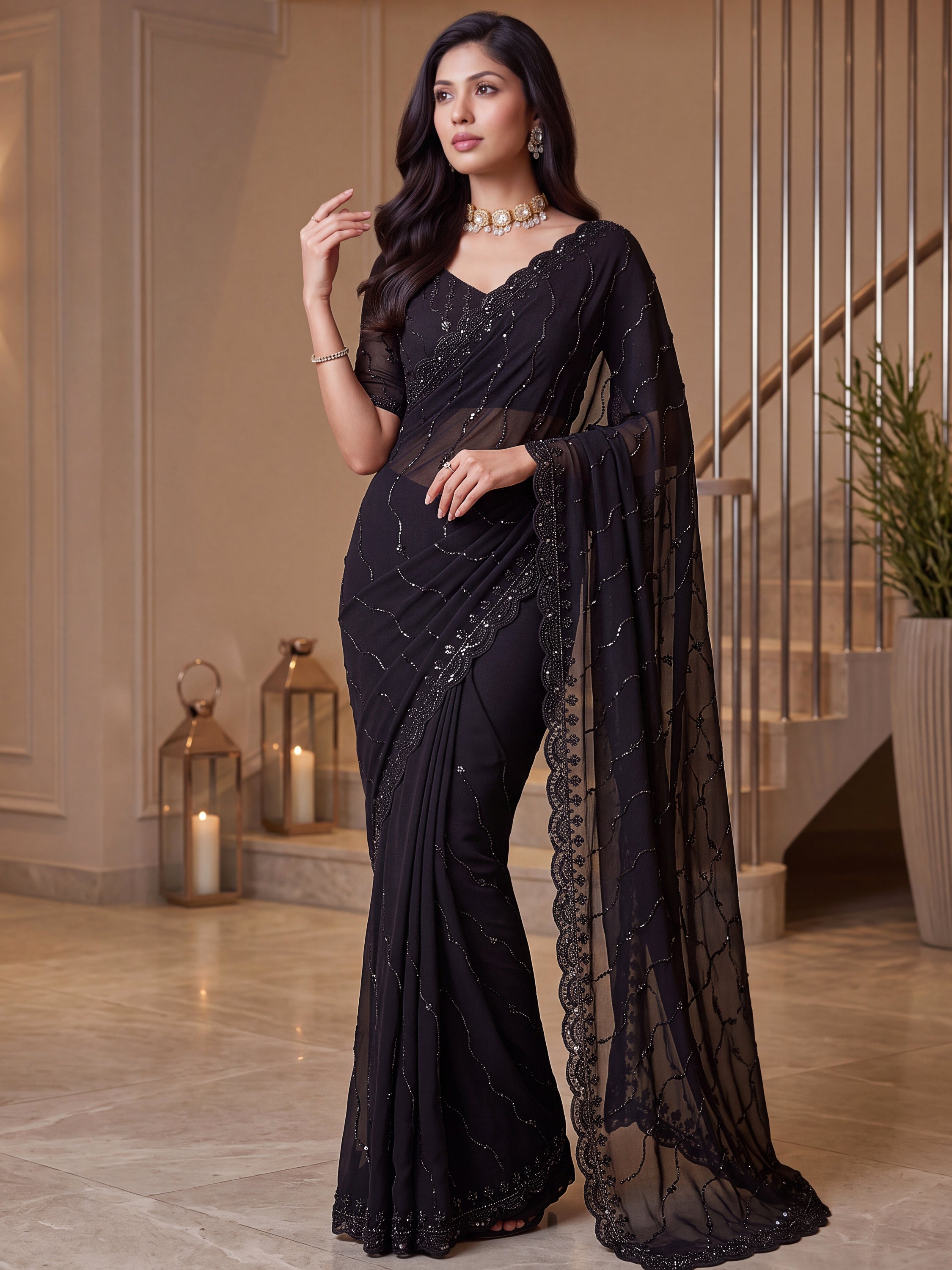 Breathtaking Black Bead Work Satin Reception Wear Saree With Blouse