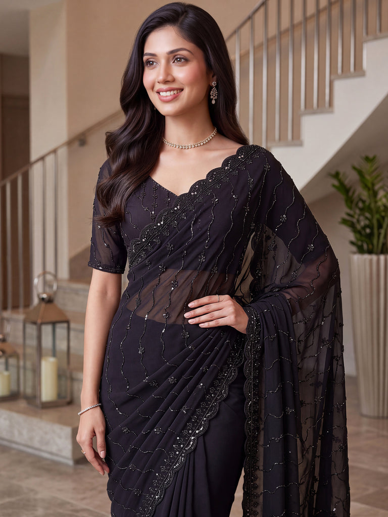 Breathtaking Black Bead Work Satin Reception Wear Saree With Blouse