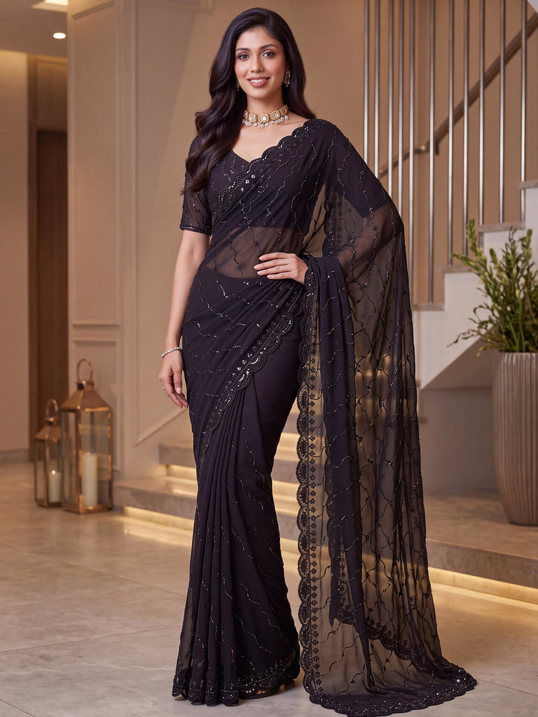 Breathtaking Black Bead Work Satin Reception Wear Saree With Blouse