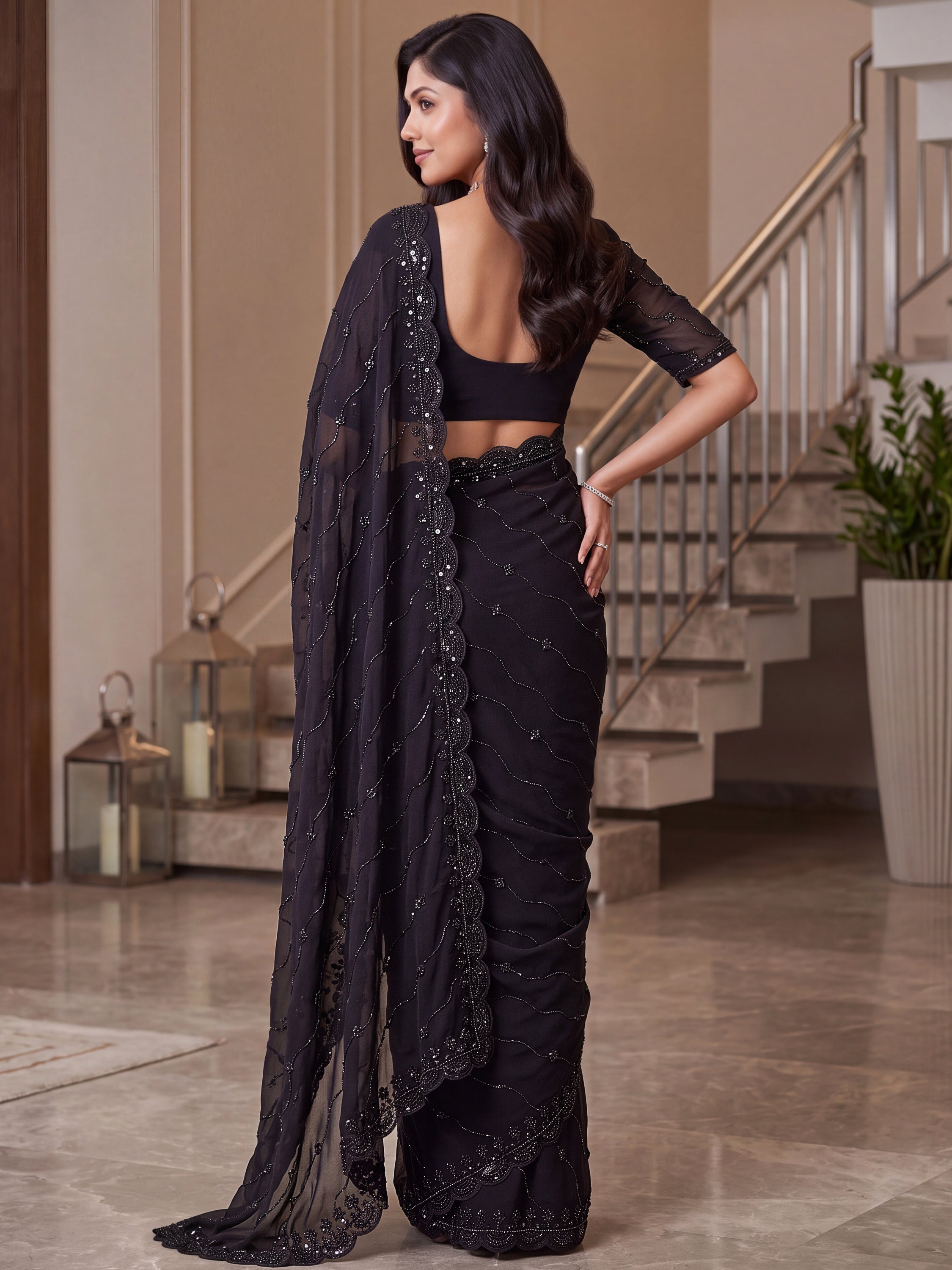 Breathtaking Black Bead Work Satin Reception Wear Saree With Blouse