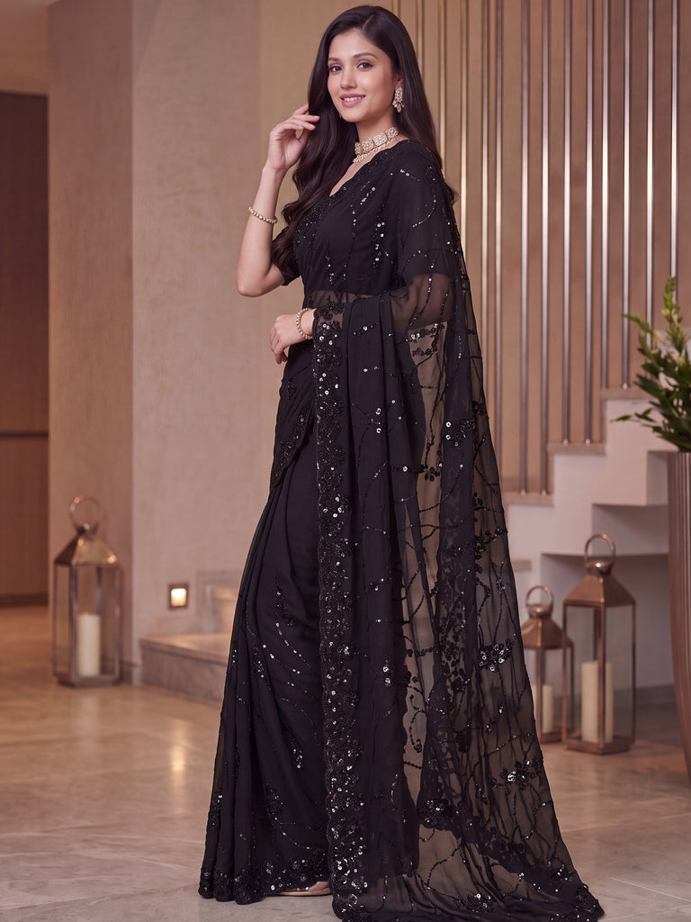 Alluring Black Pearl Work Satin Evening Wear Saree With Blouse