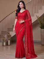 Elegant Red Embroidered Satin Bridal Wear Saree With Blouse