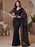 Alluring Black Pearl Work Satin Evening Wear Saree With Blouse