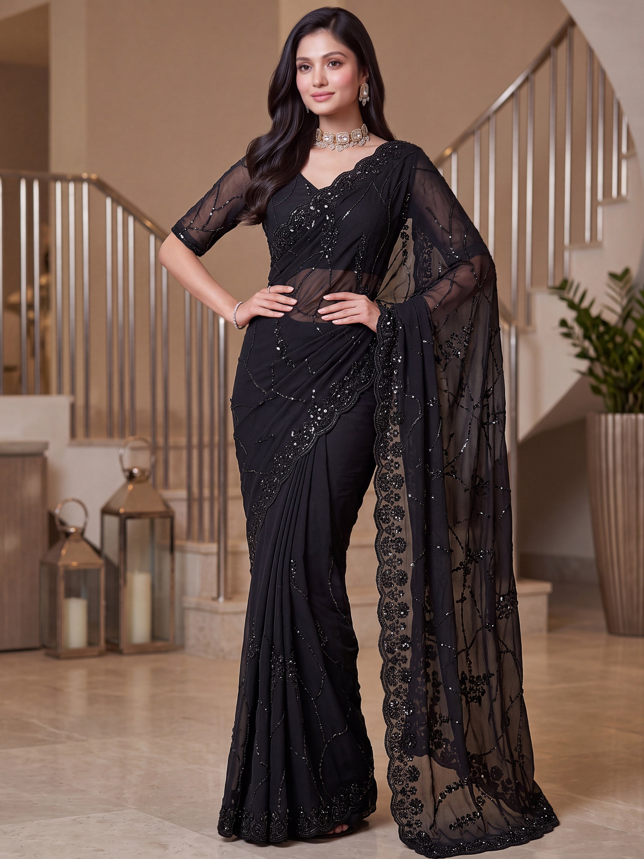 Alluring Black Pearl Work Satin Evening Wear Saree With Blouse