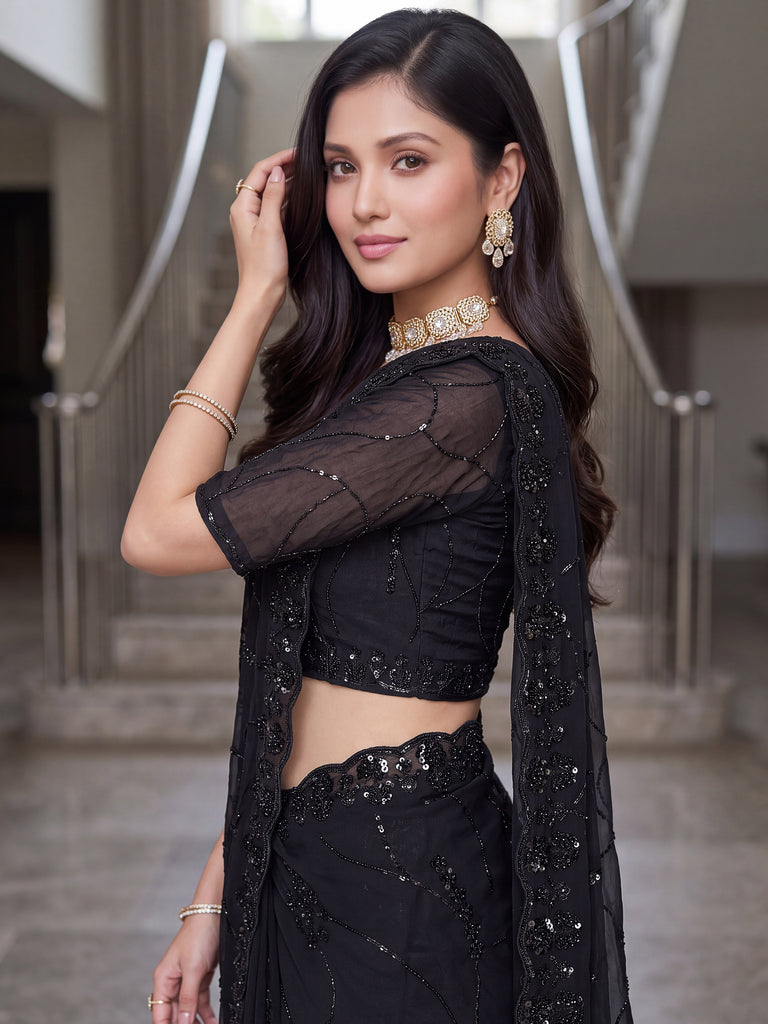 Alluring Black Pearl Work Satin Evening Wear Saree With Blouse