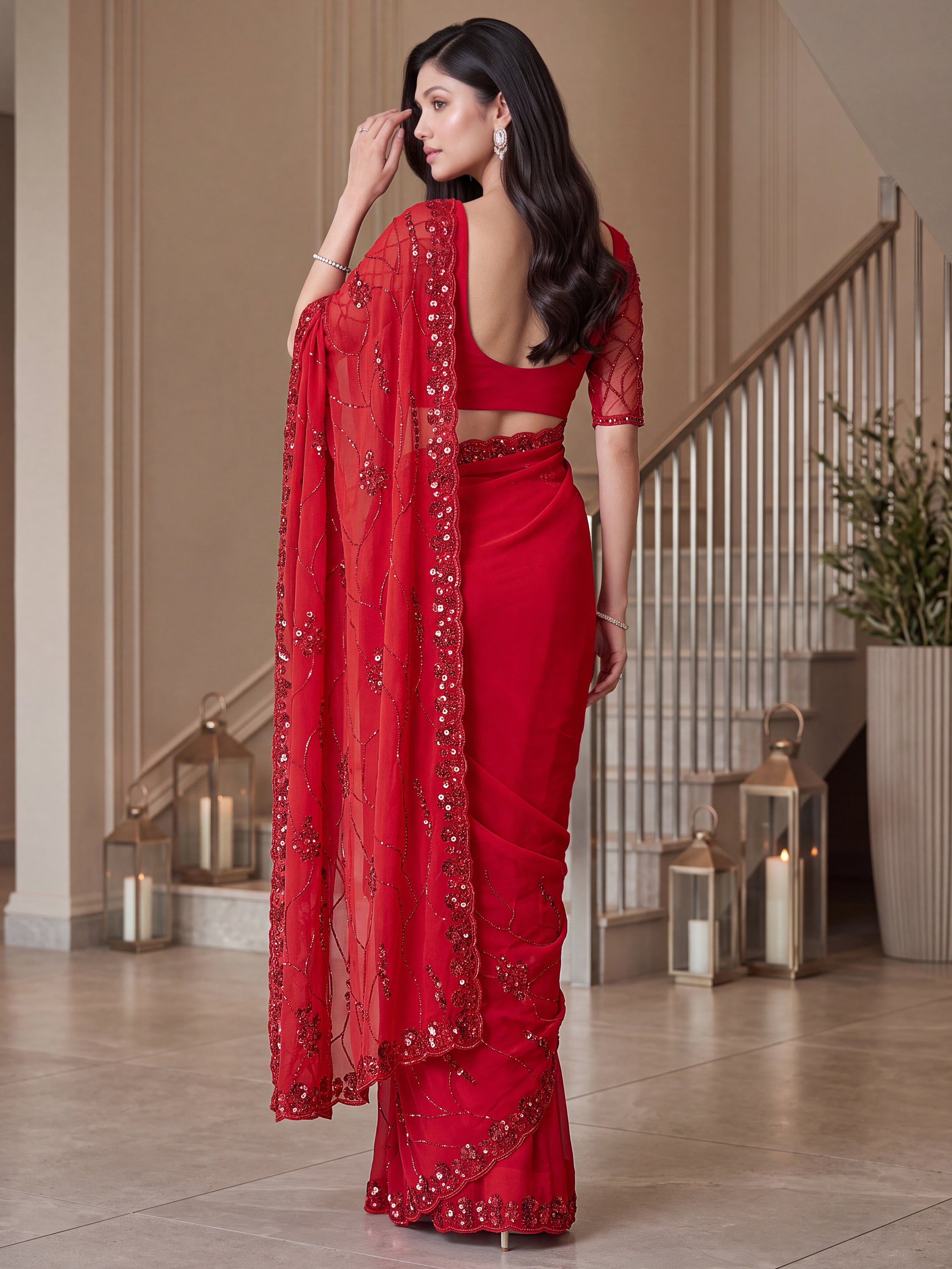 Elegant Red Embroidered Satin Bridal Wear Saree With Blouse