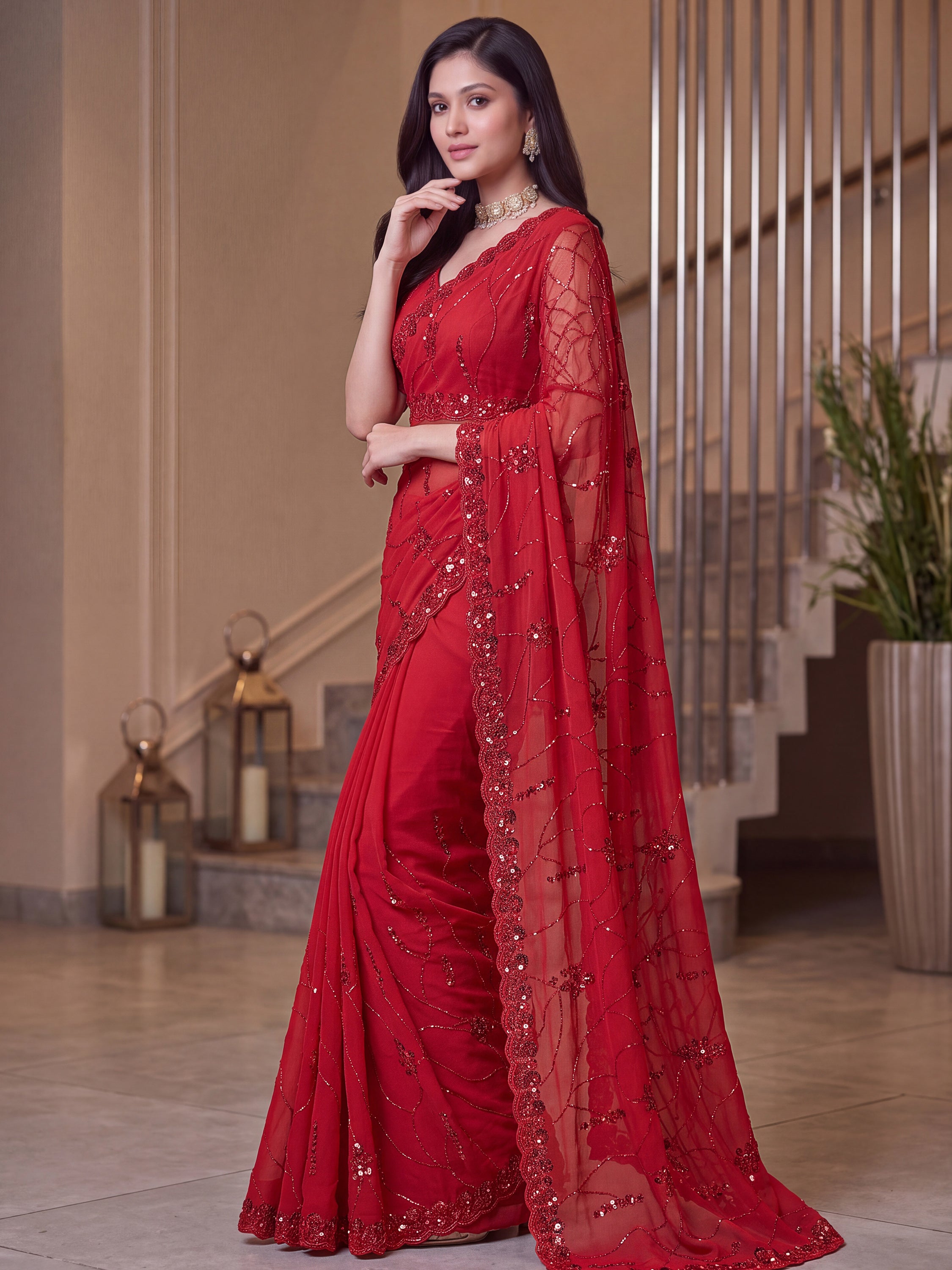Elegant Red Embroidered Satin Bridal Wear Saree With Blouse