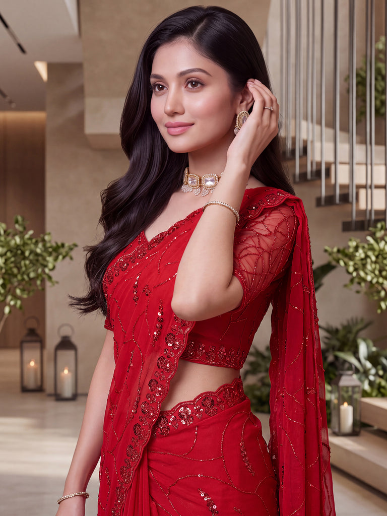 Elegant Red Embroidered Satin Bridal Wear Saree With Blouse