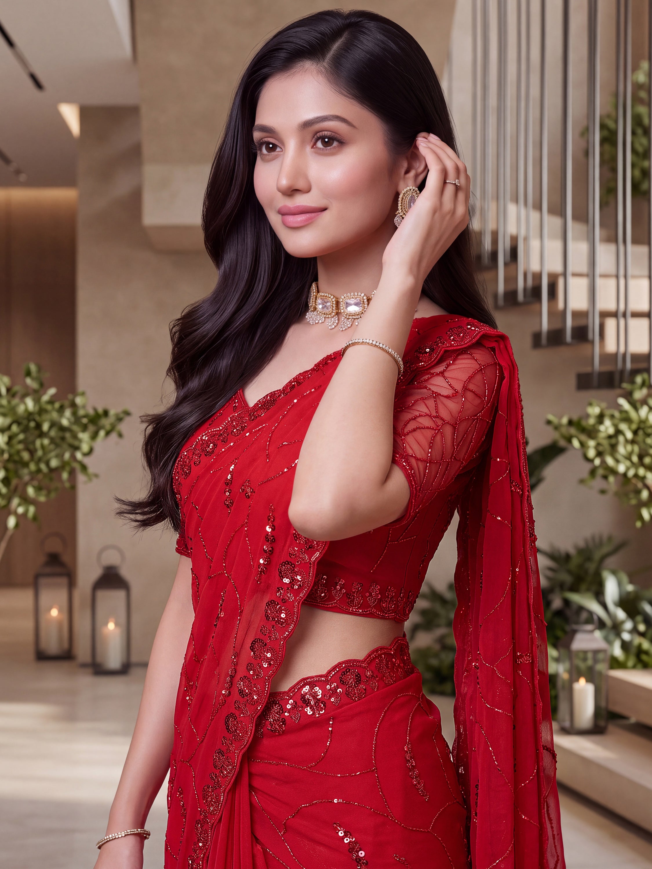 Elegant Red Embroidered Satin Bridal Wear Saree With Blouse