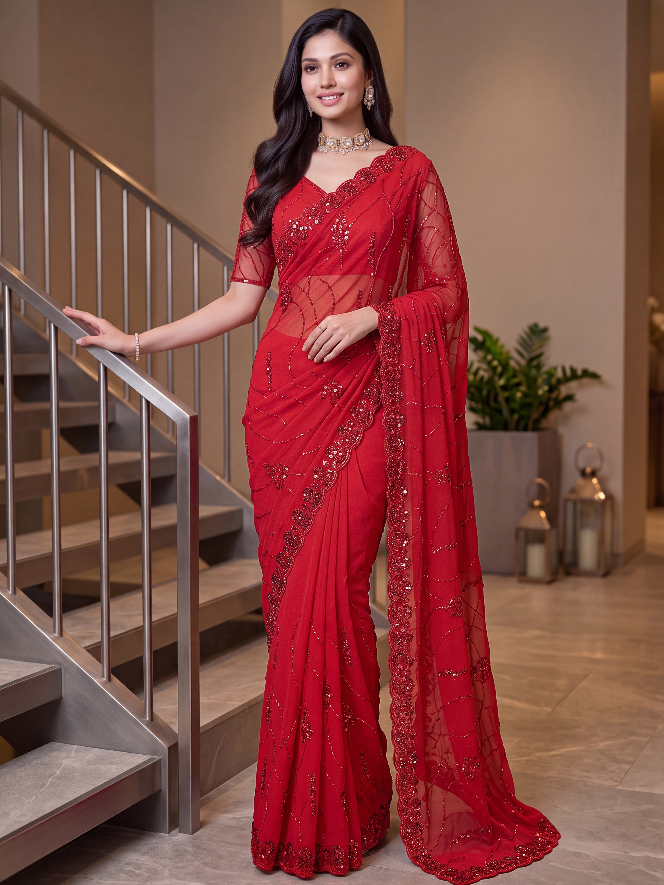 Elegant Red Embroidered Satin Bridal Wear Saree With Blouse