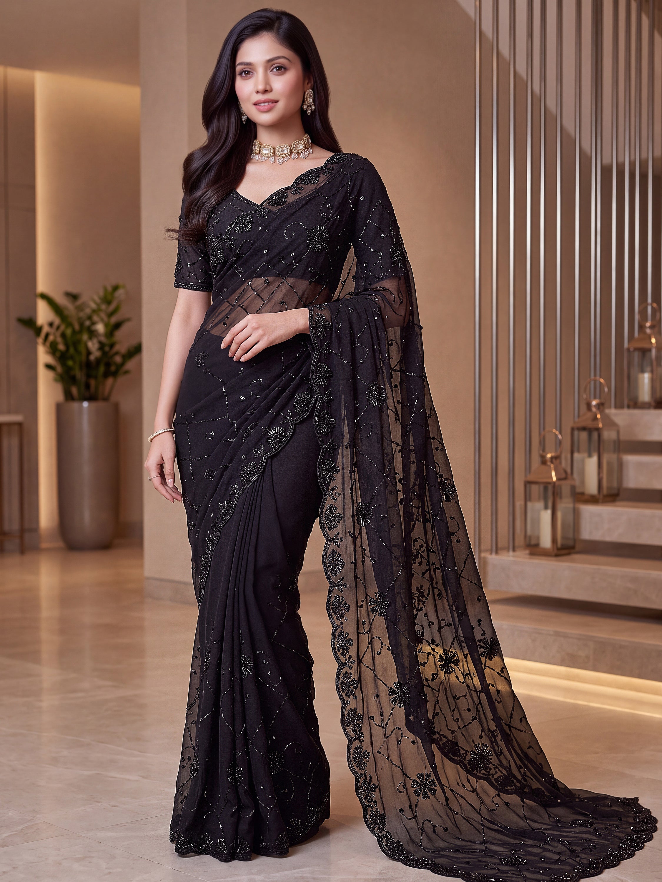 Graceful Black Embroidered Satin Function Wear Saree With Blouse