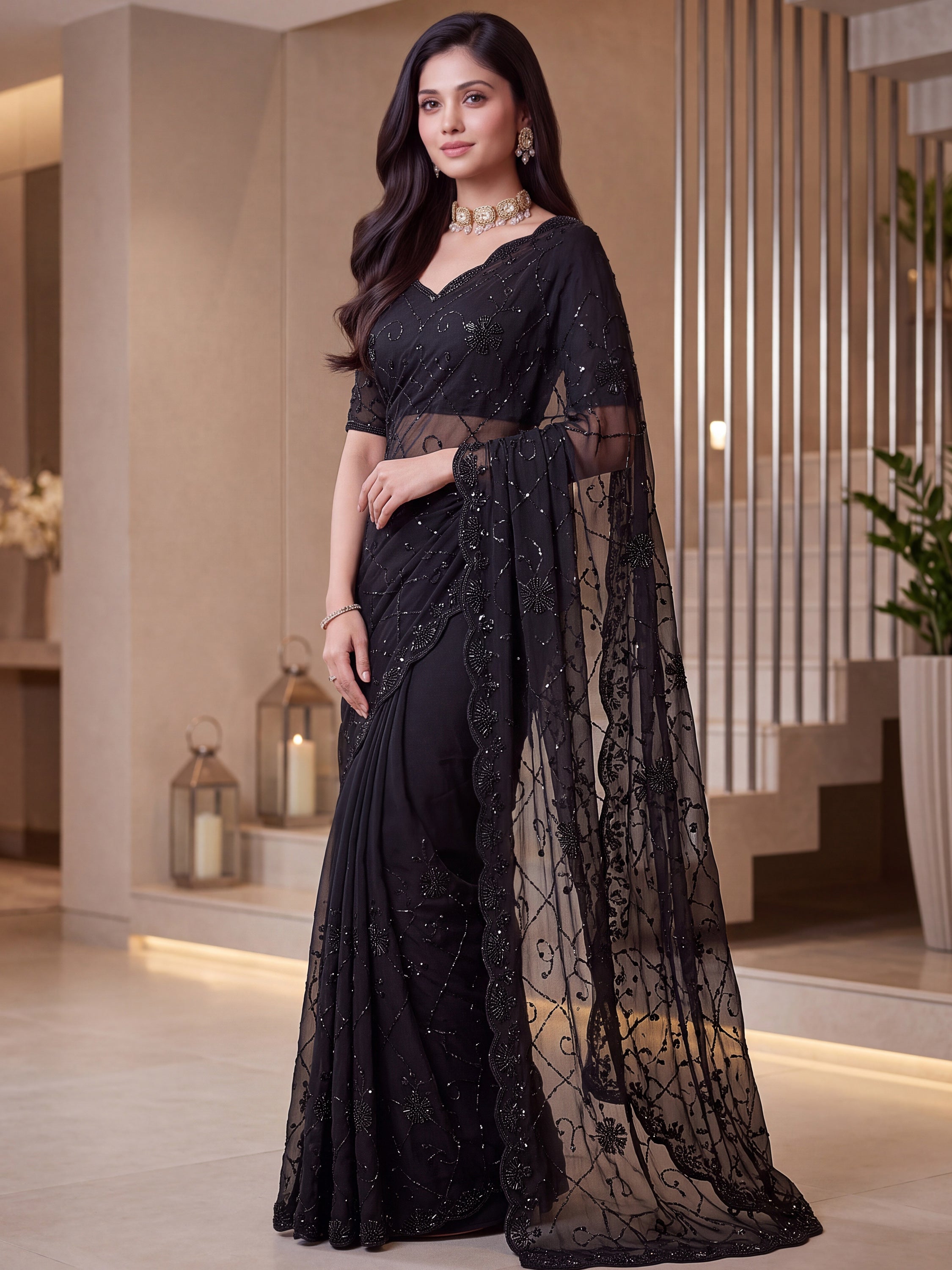 Graceful Black Embroidered Satin Function Wear Saree With Blouse