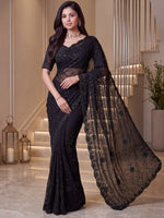 Graceful Black Embroidered Satin Function Wear Saree With Blouse