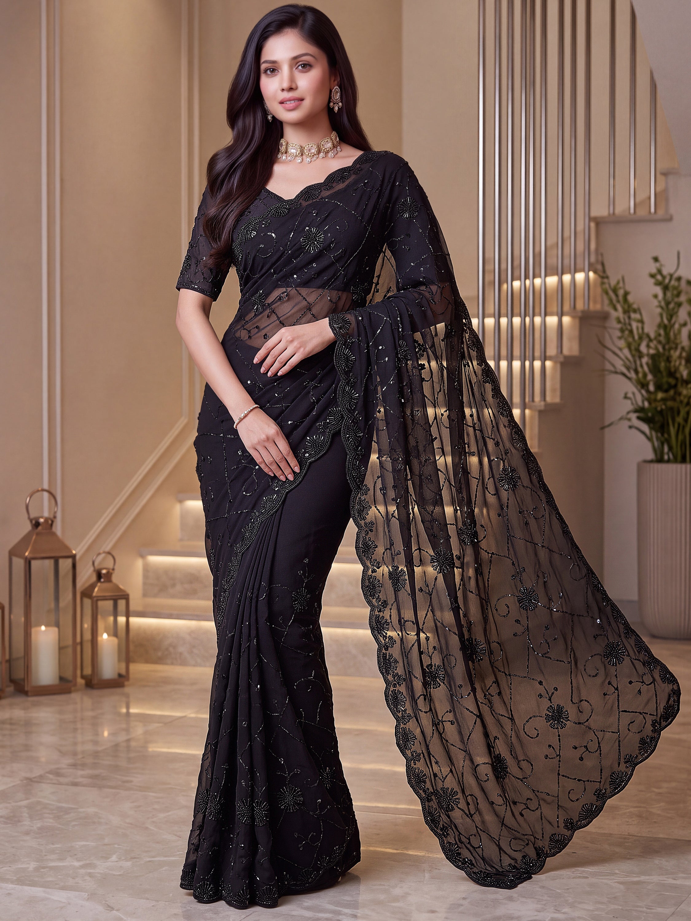 Graceful Black Embroidered Satin Function Wear Saree With Blouse