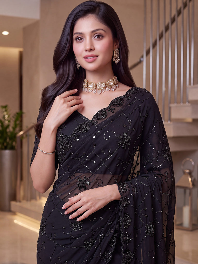 Graceful Black Embroidered Satin Function Wear Saree With Blouse