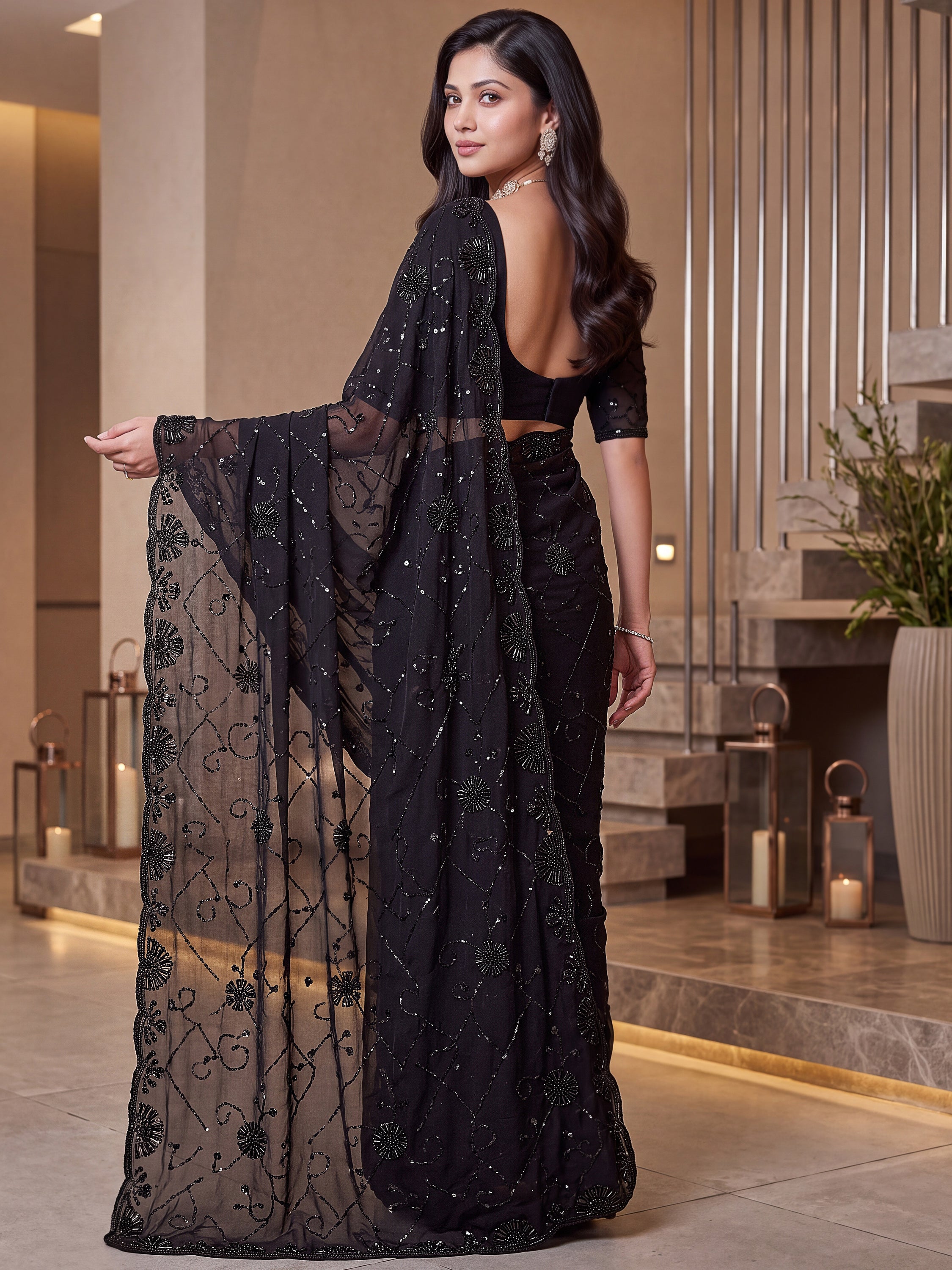 Graceful Black Embroidered Satin Function Wear Saree With Blouse
