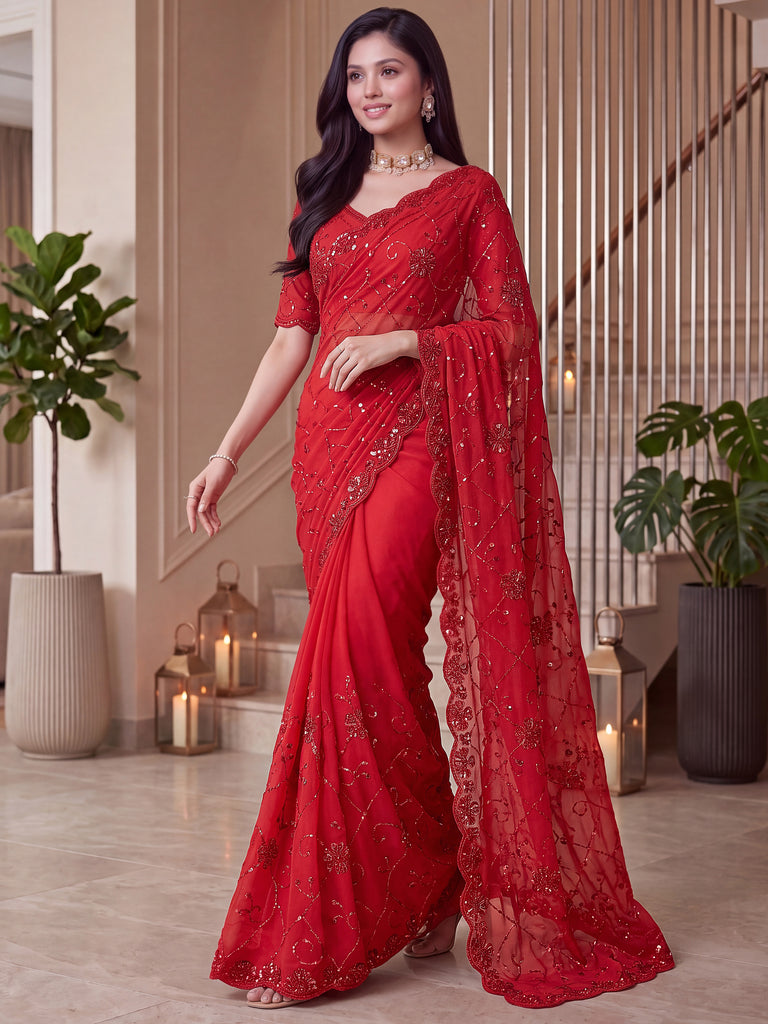 Wonderful Red Sequins Satin Bridal Wear Saree With Blouse