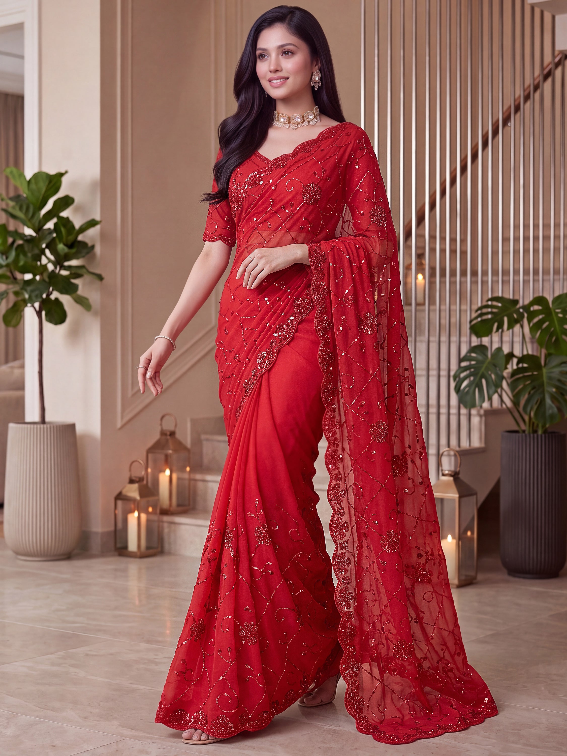 Wonderful Red Sequins Satin Bridal Wear Saree With Blouse
