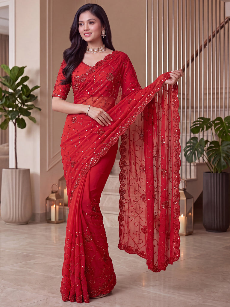 Wonderful Red Sequins Satin Bridal Wear Saree With Blouse