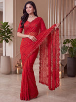 Wonderful Red Sequins Satin Bridal Wear Saree With Blouse