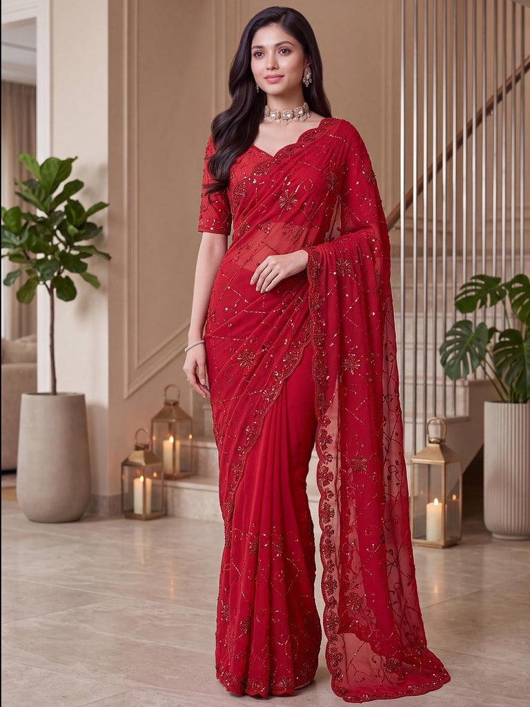 Wonderful Red Sequins Satin Bridal Wear Saree With Blouse