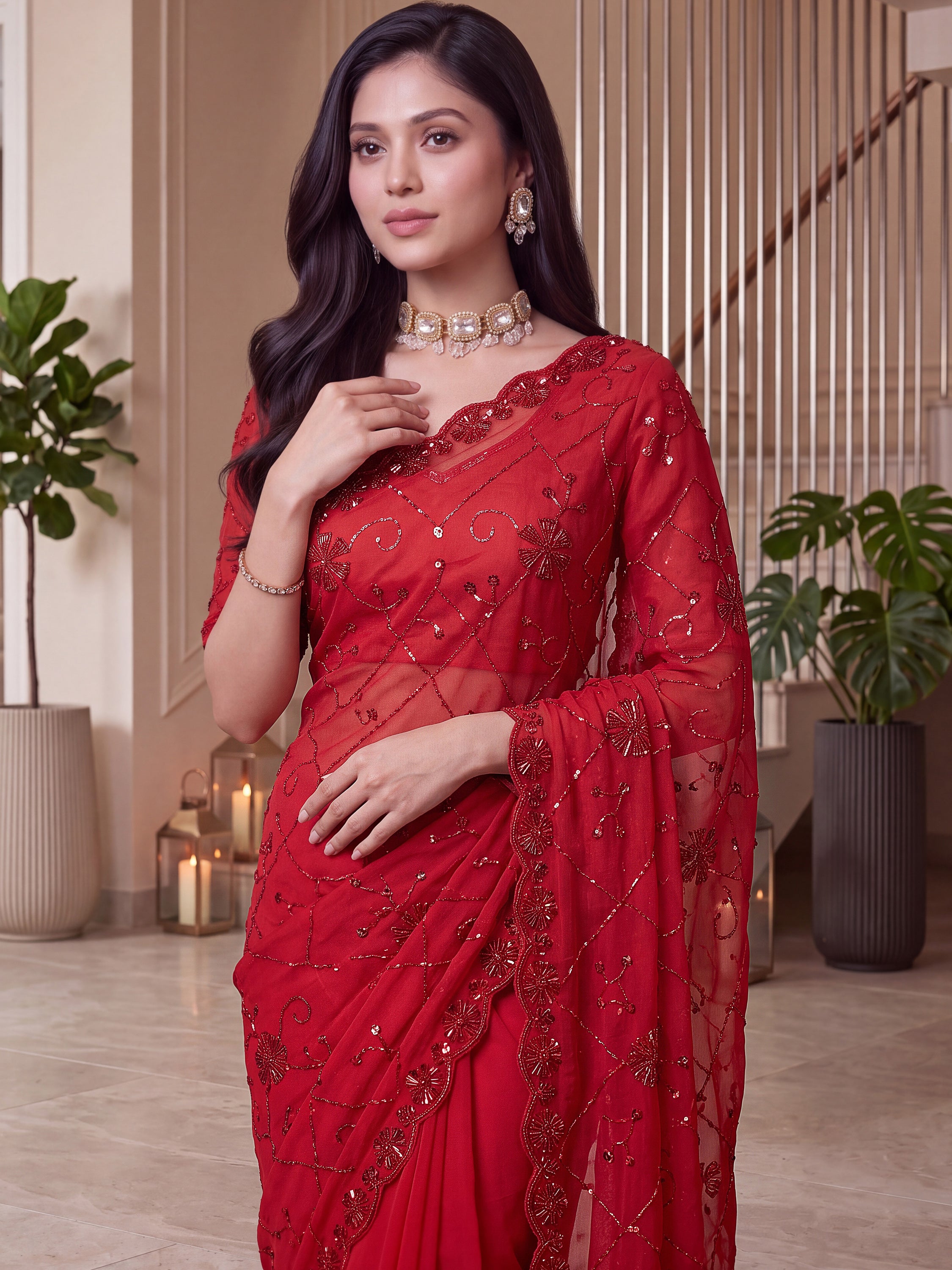Wonderful Red Sequins Satin Bridal Wear Saree With Blouse