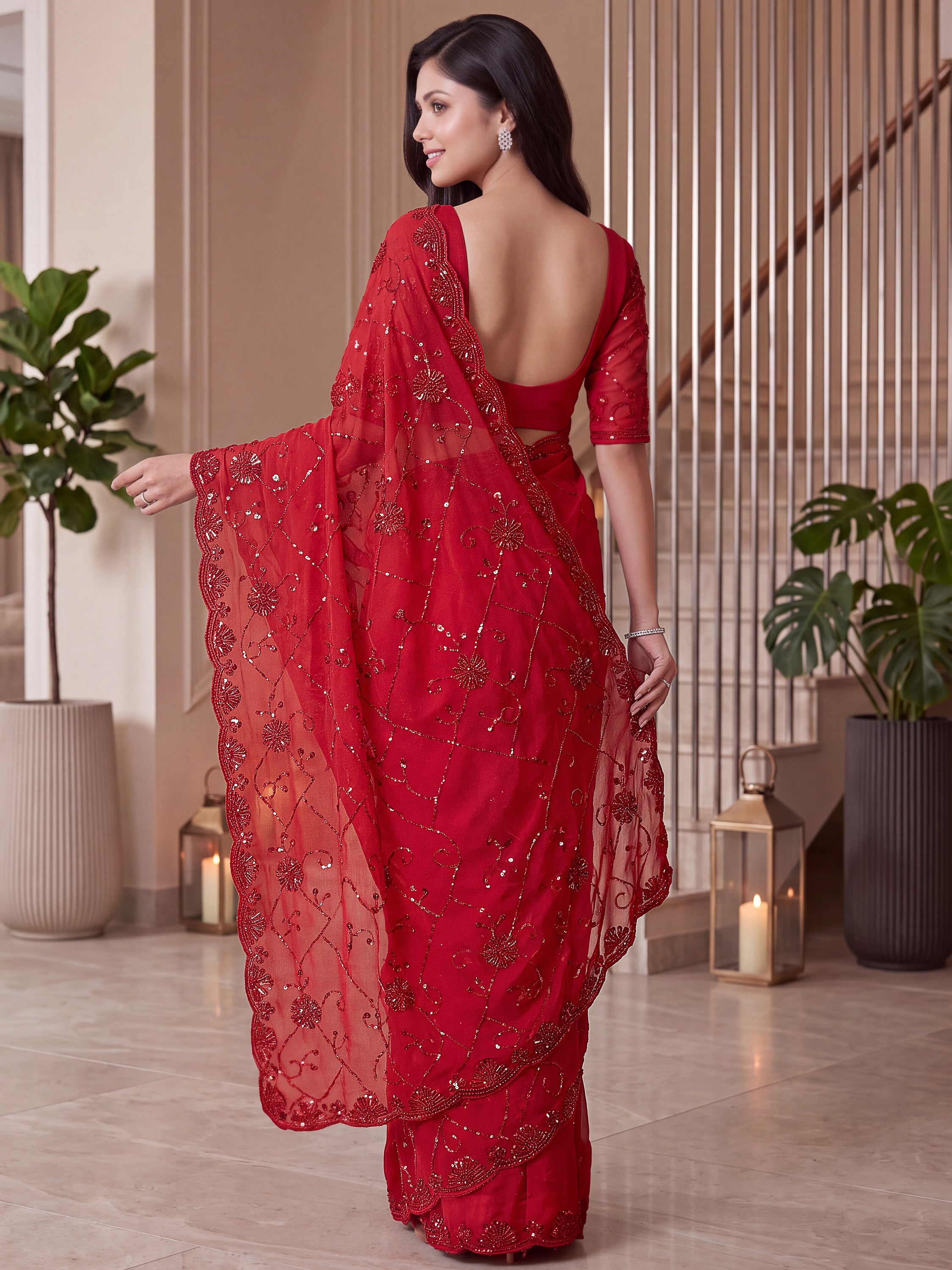 Wonderful Red Sequins Satin Bridal Wear Saree With Blouse