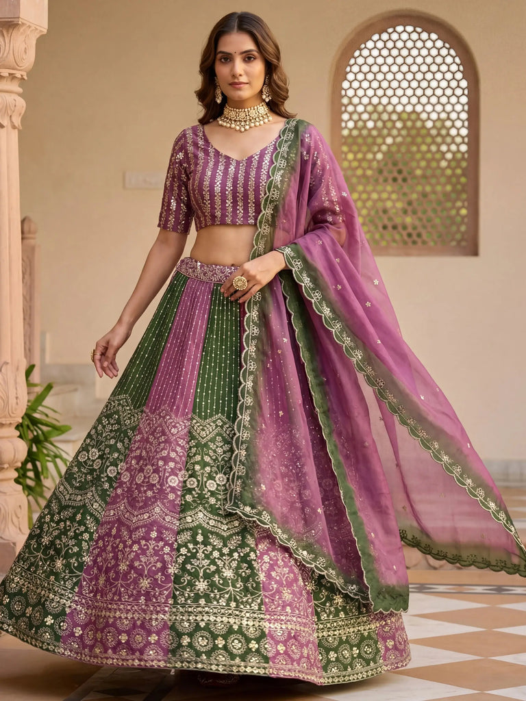 Lovely Green And Purple Embroidered Chinon Festive Wear Lehenga Choli