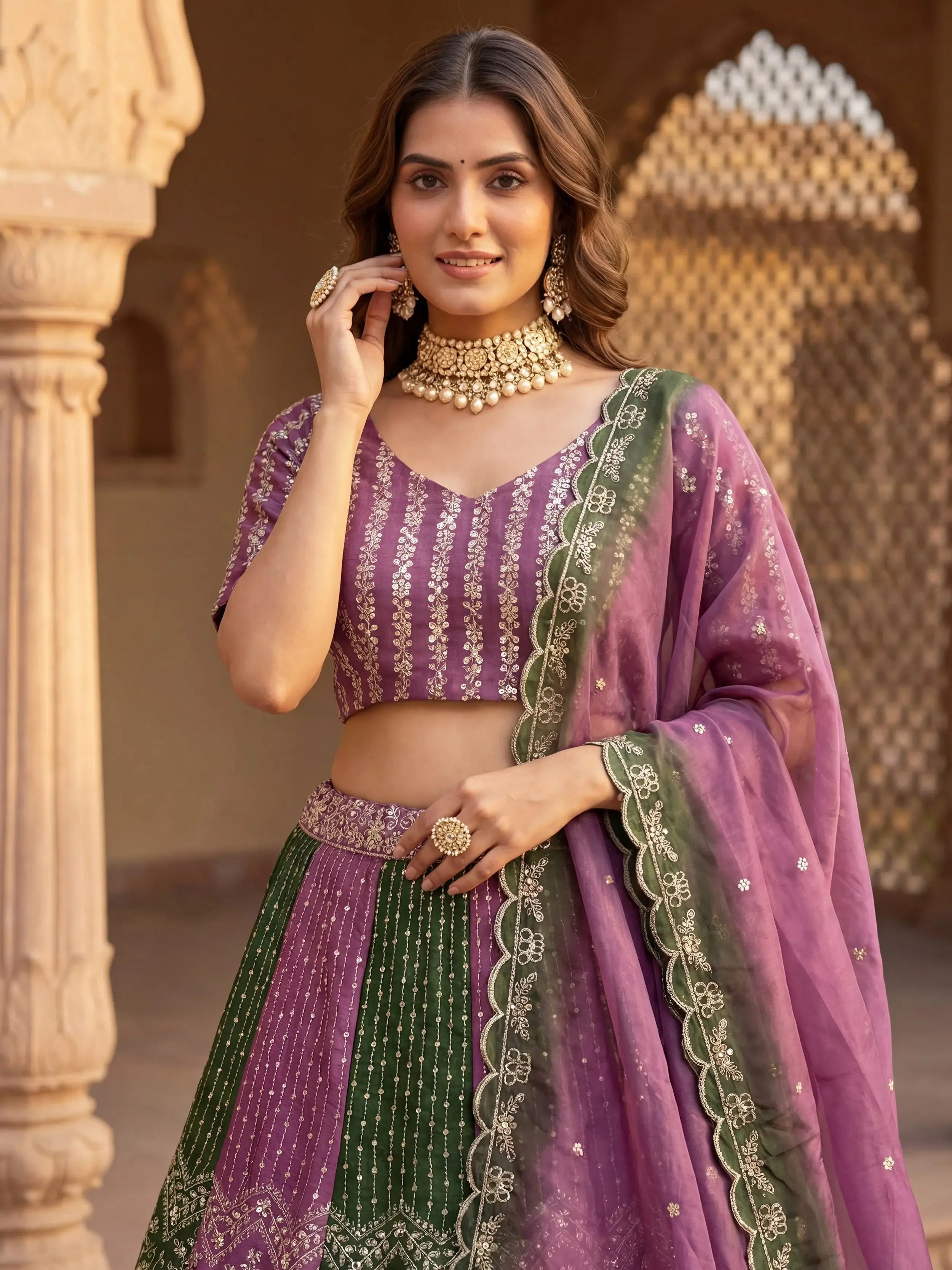 Lovely Green And Purple Embroidered Chinon Festive Wear Lehenga Choli