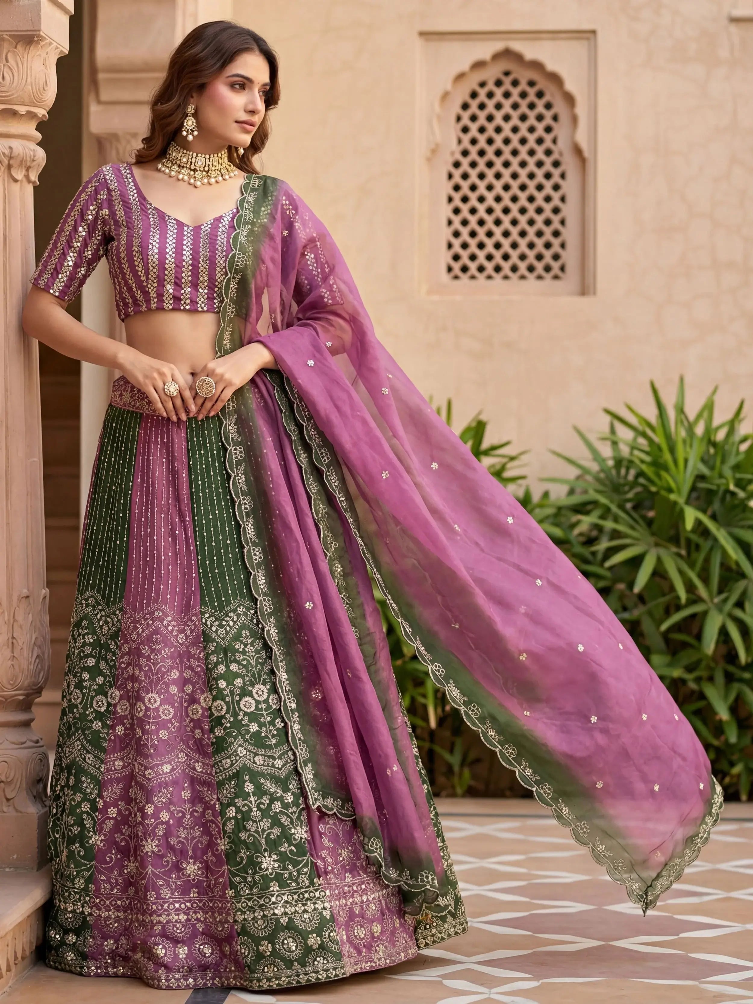 Lovely Green And Purple Embroidered Chinon Festive Wear Lehenga Choli