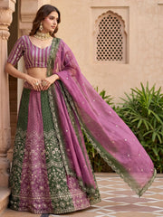 Lovely Green And Purple Embroidered Chinon Festive Wear Lehenga Choli
