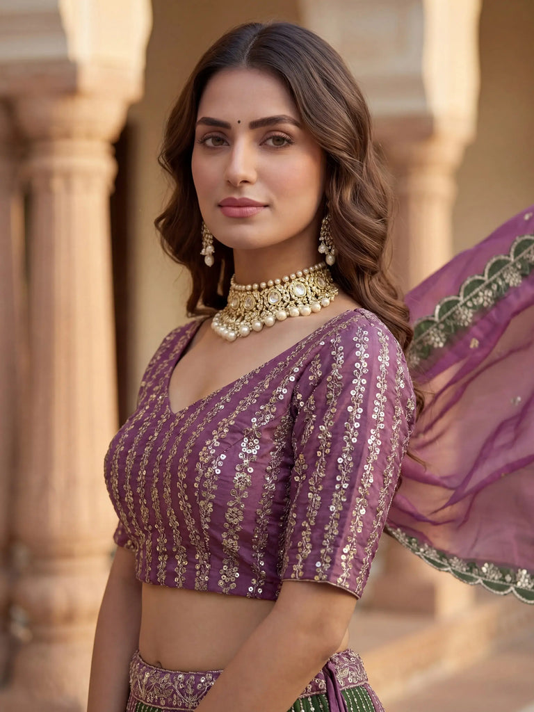 Lovely Green And Purple Embroidered Chinon Festive Wear Lehenga Choli