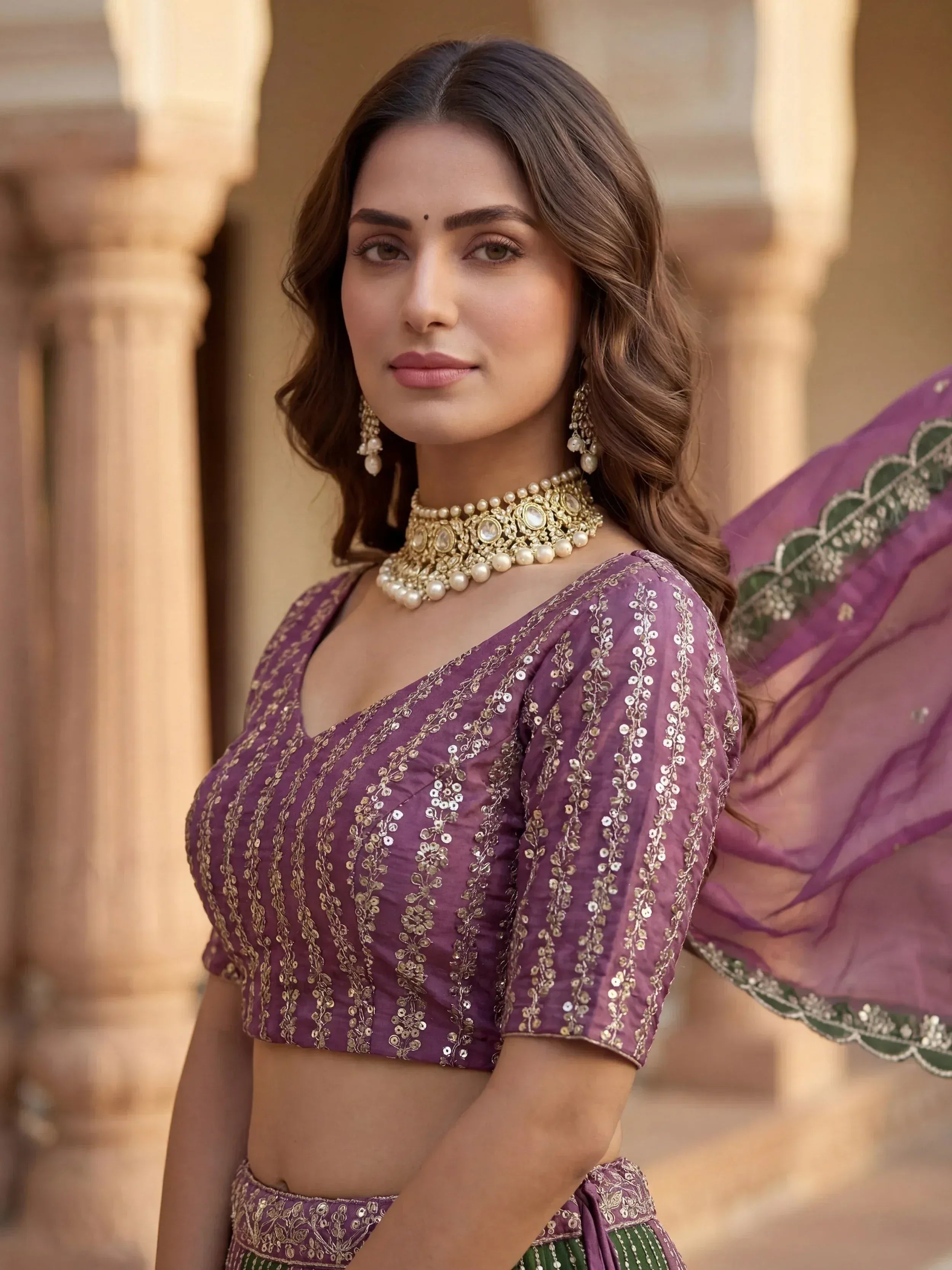 Lovely Green And Purple Embroidered Chinon Festive Wear Lehenga Choli