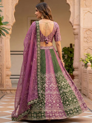 Lovely Green And Purple Embroidered Chinon Festive Wear Lehenga Choli