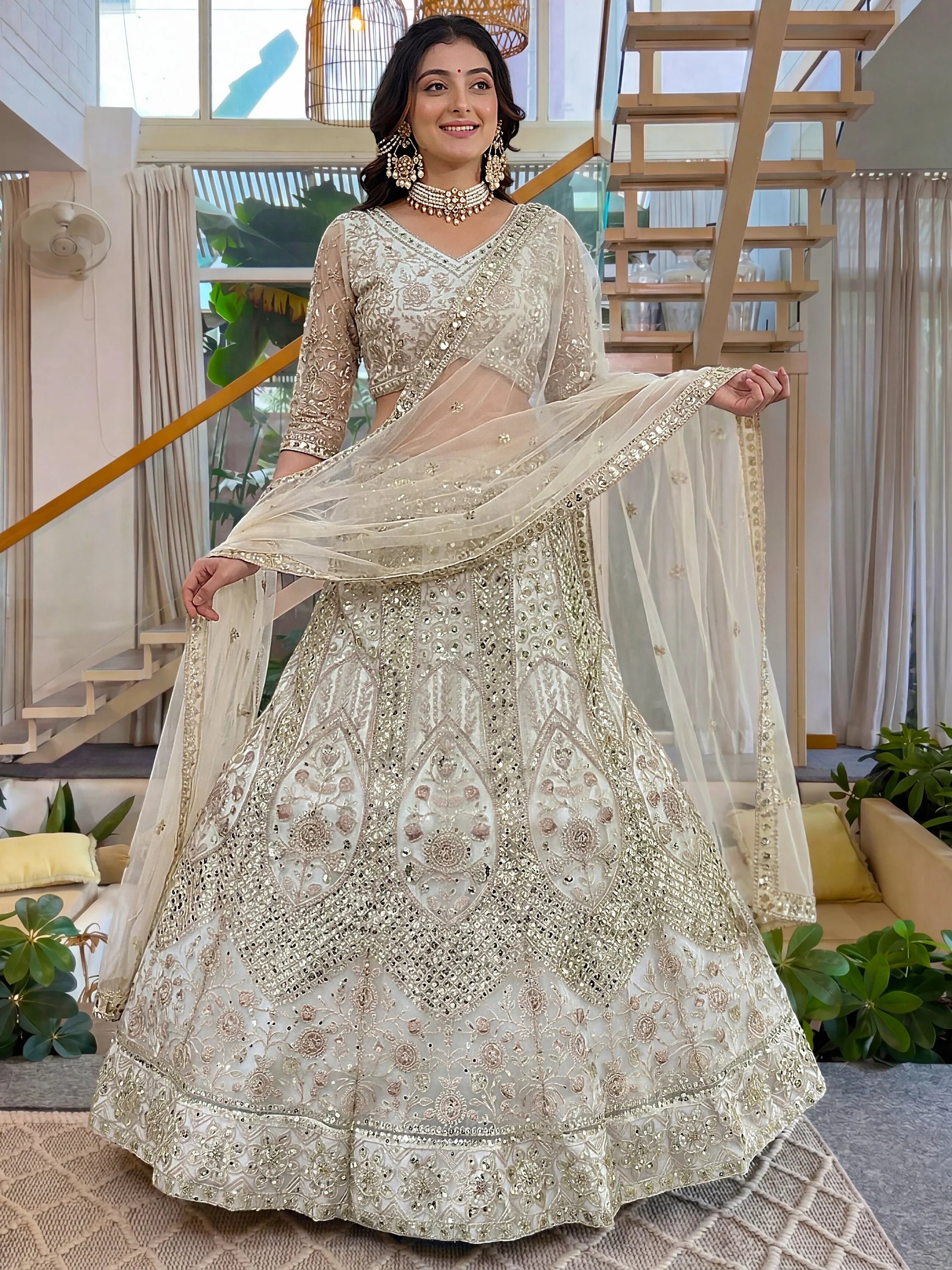 Gorgeous White Embroidered Net Party Wear Lehenga Choli With Dupatta