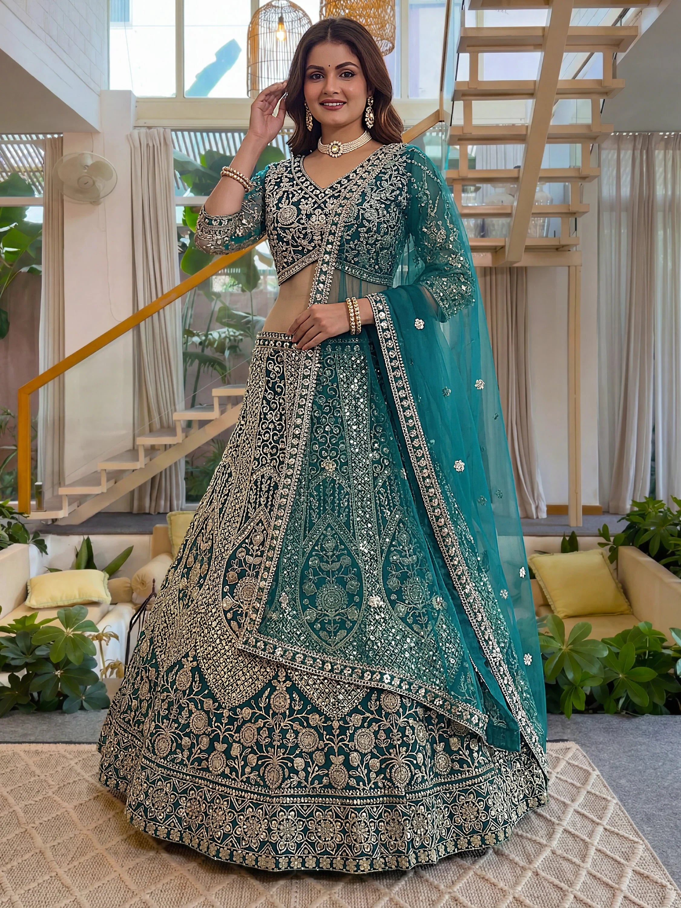 Notable Sea Green Sequins Net Reception Wear Lehenga Choli