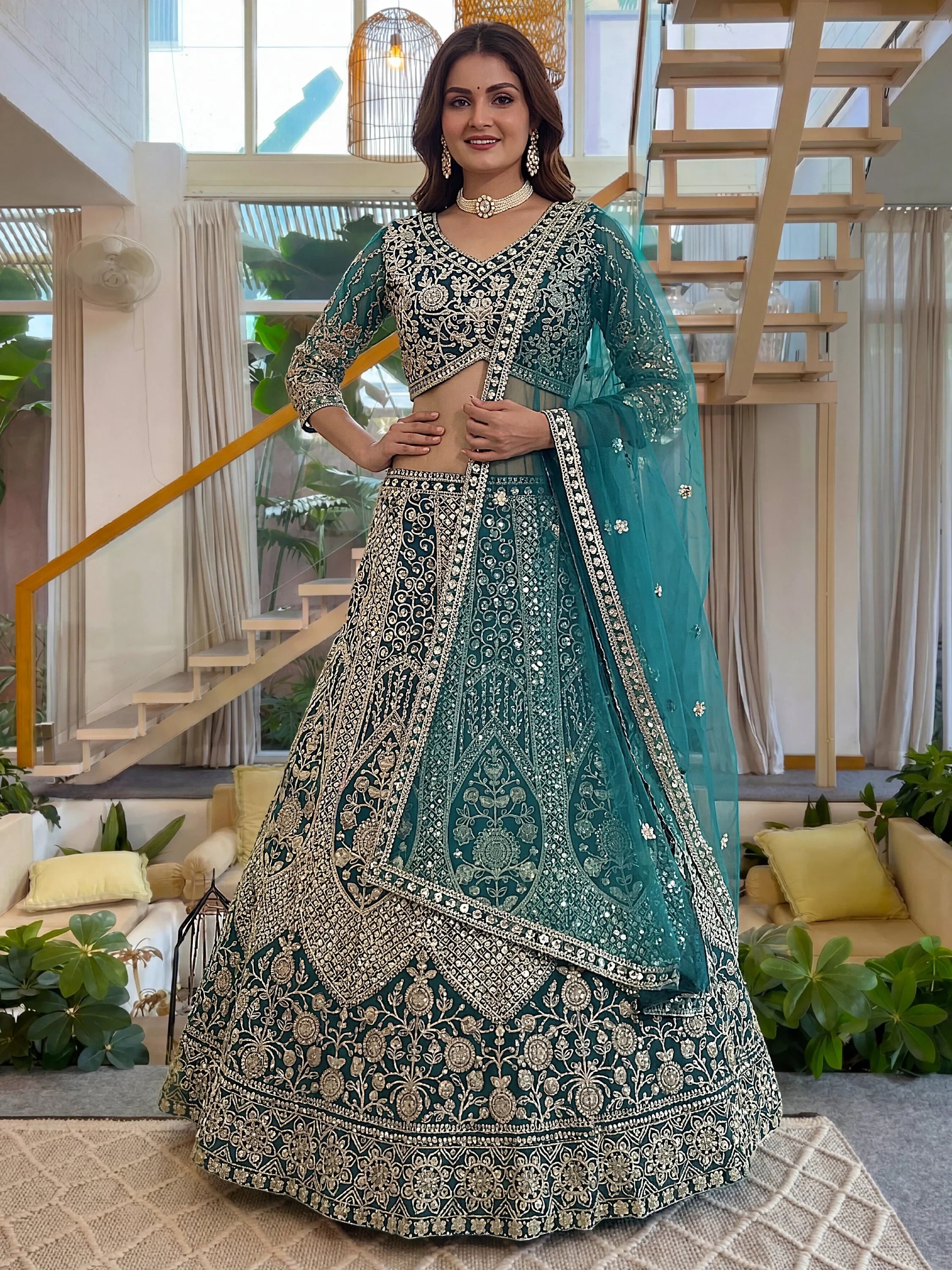 Notable Sea Green Sequins Net Reception Wear Lehenga Choli