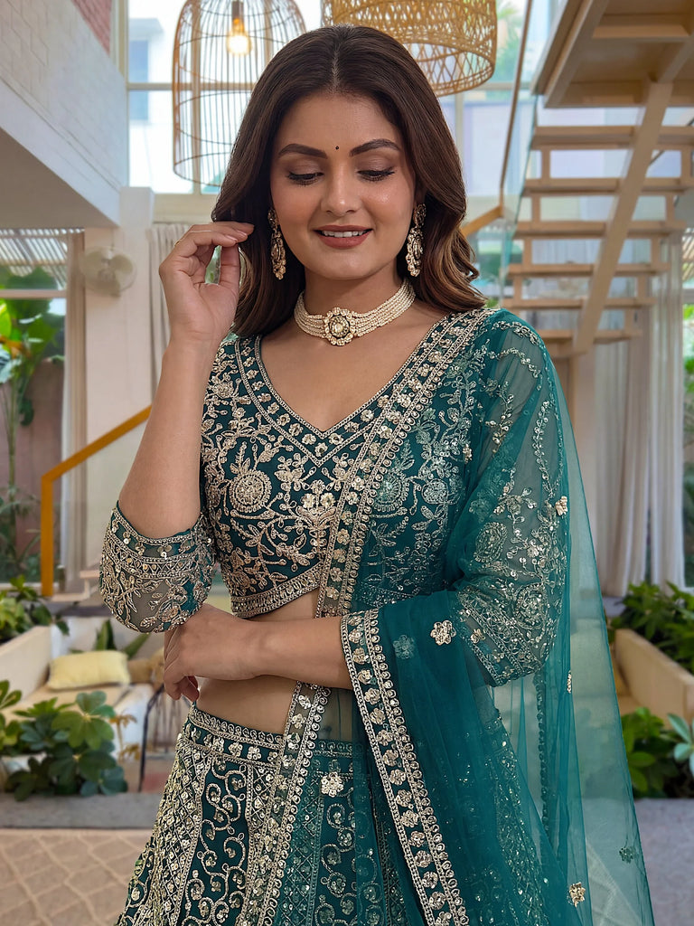 Notable Sea Green Sequins Net Reception Wear Lehenga Choli