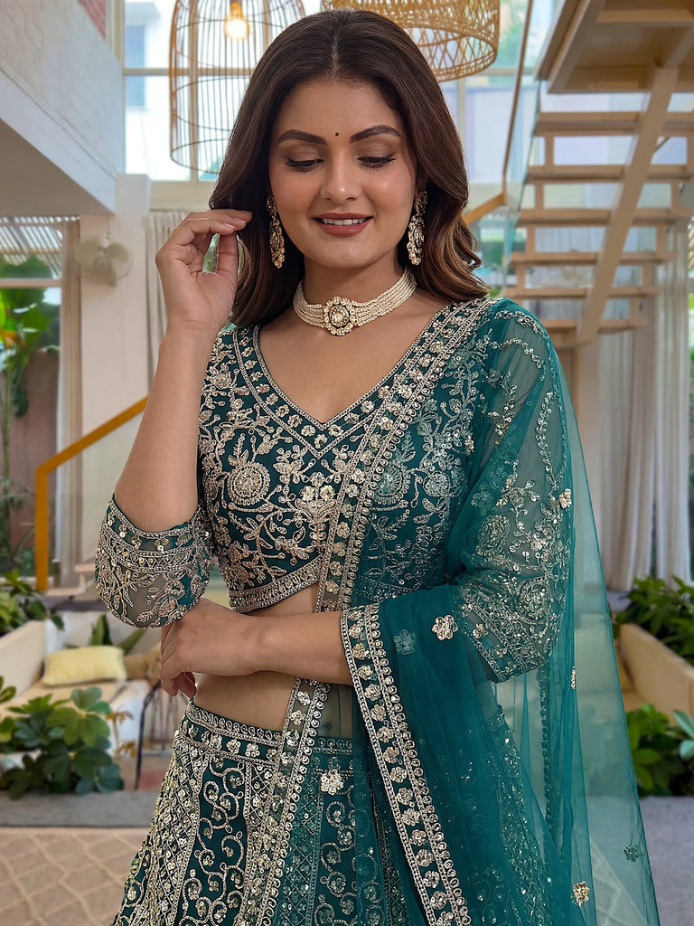 Notable Sea Green Sequins Net Reception Wear Lehenga Choli
