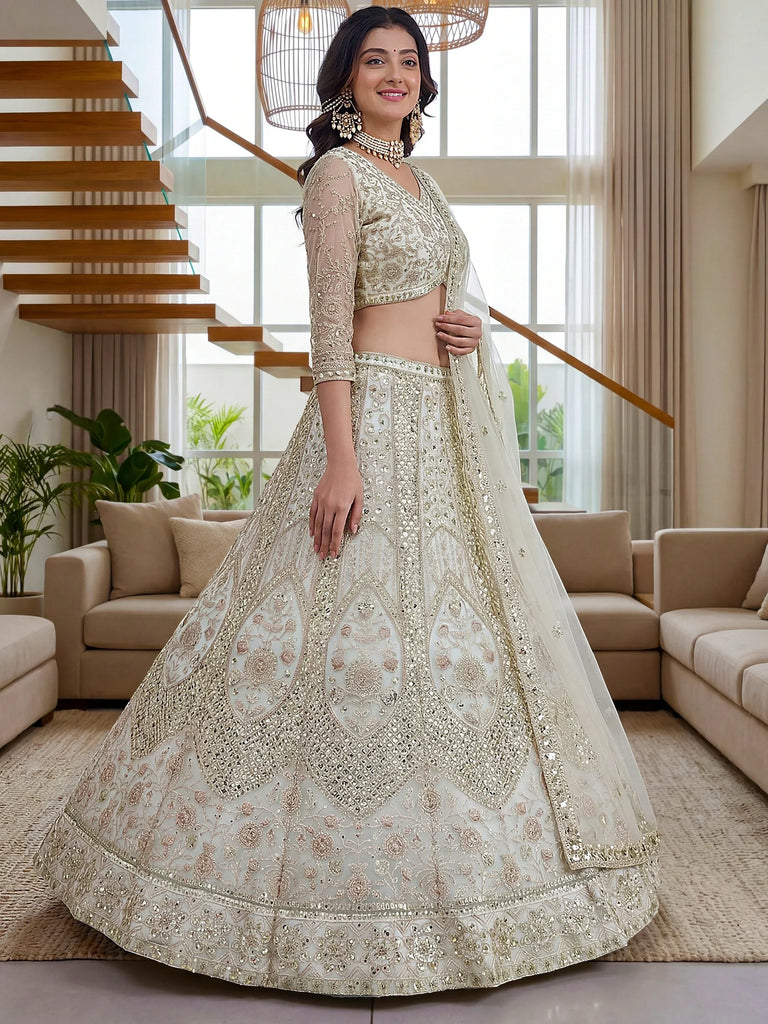 Gorgeous White Embroidered Net Party Wear Lehenga Choli With Dupatta