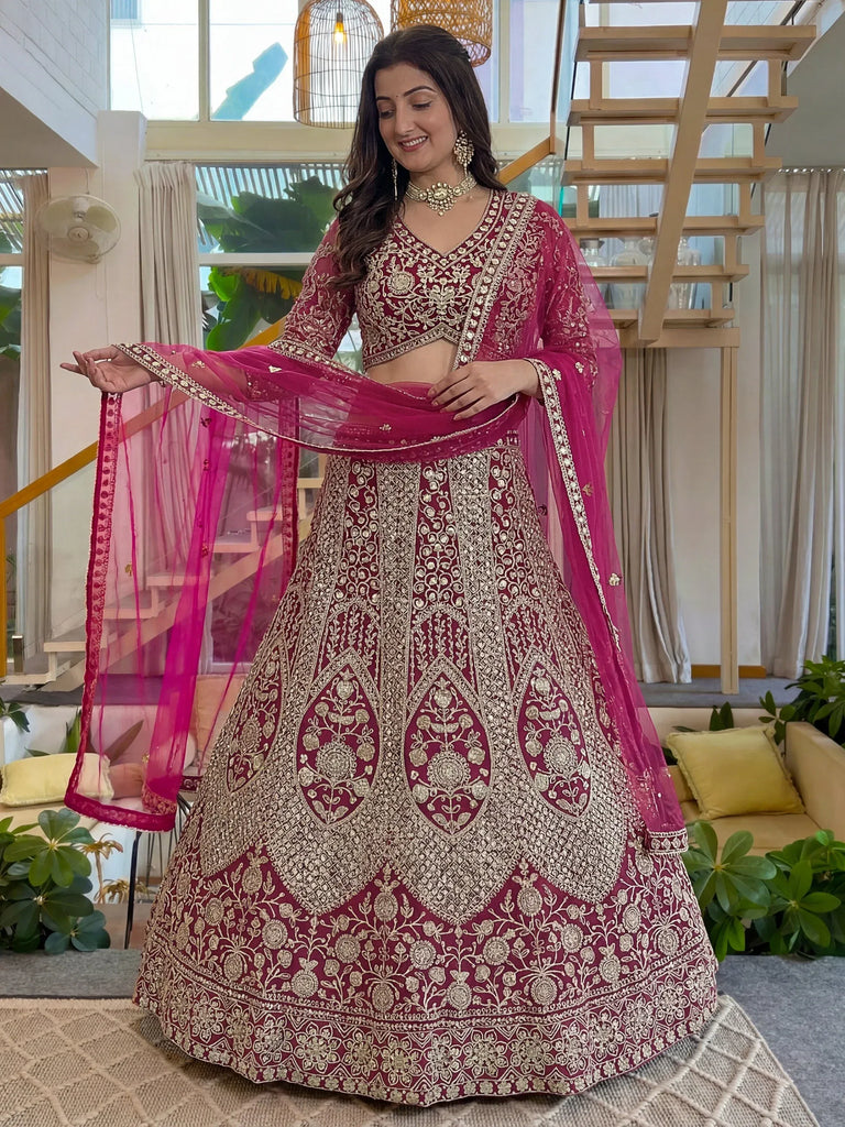 Shiny Pink Codding Embroidery Net Engagement Wear Lehenga With Blouse