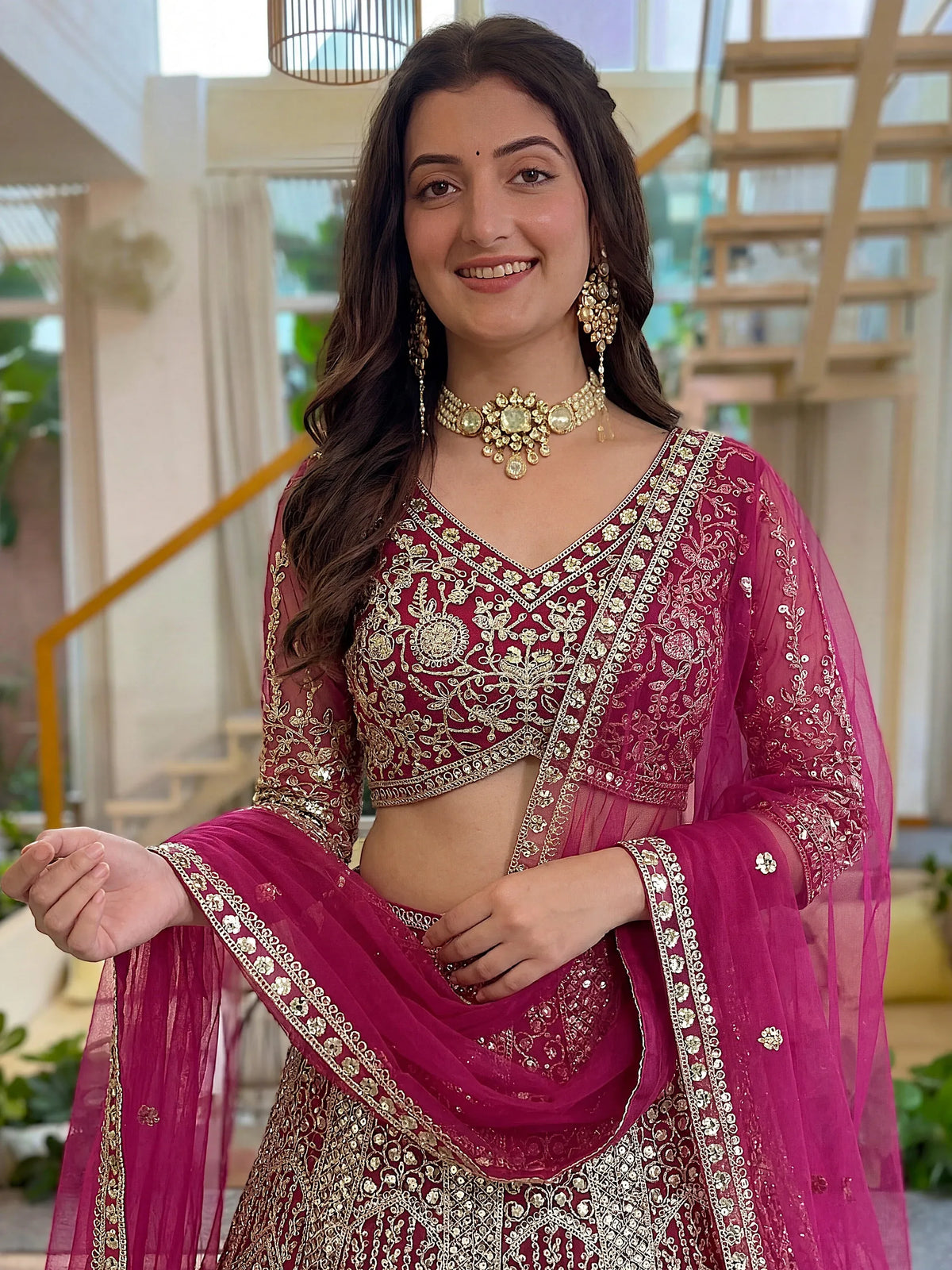 Shiny Pink Codding Embroidery Net Engagement Wear Lehenga With Blouse