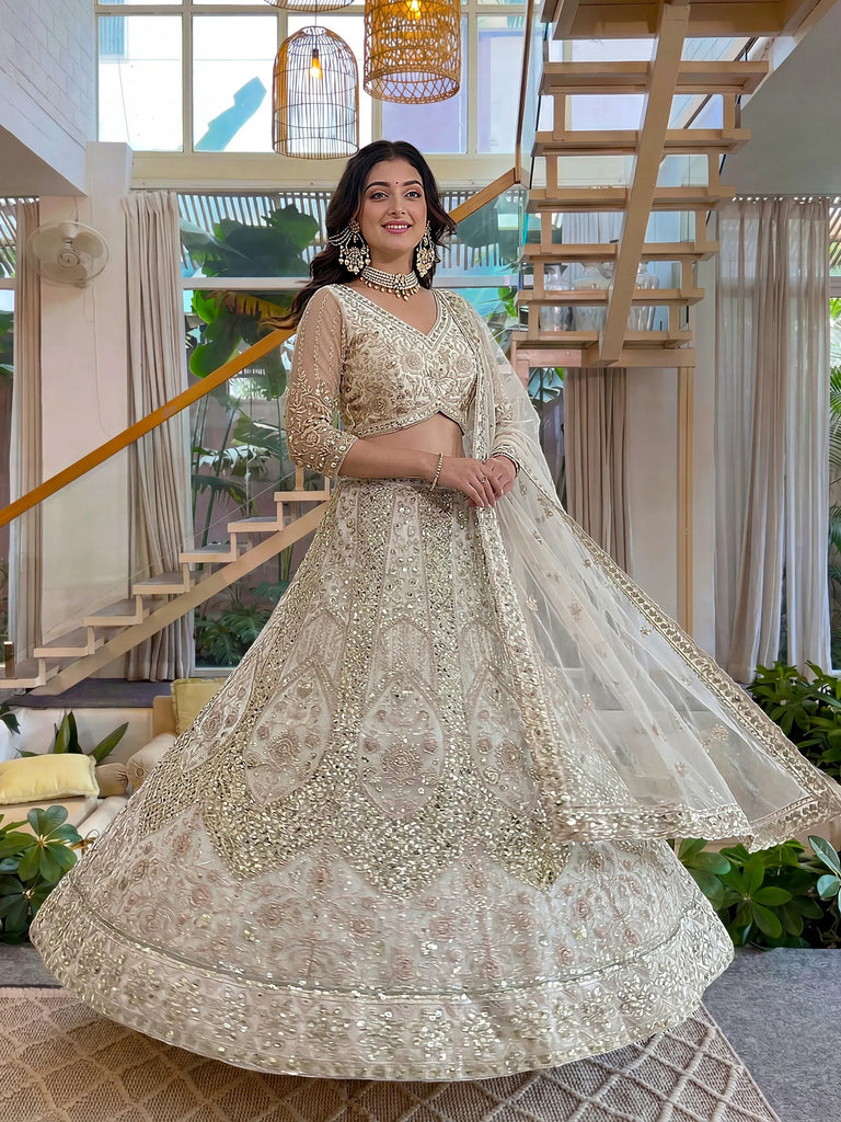 Gorgeous White Embroidered Net Party Wear Lehenga Choli With Dupatta